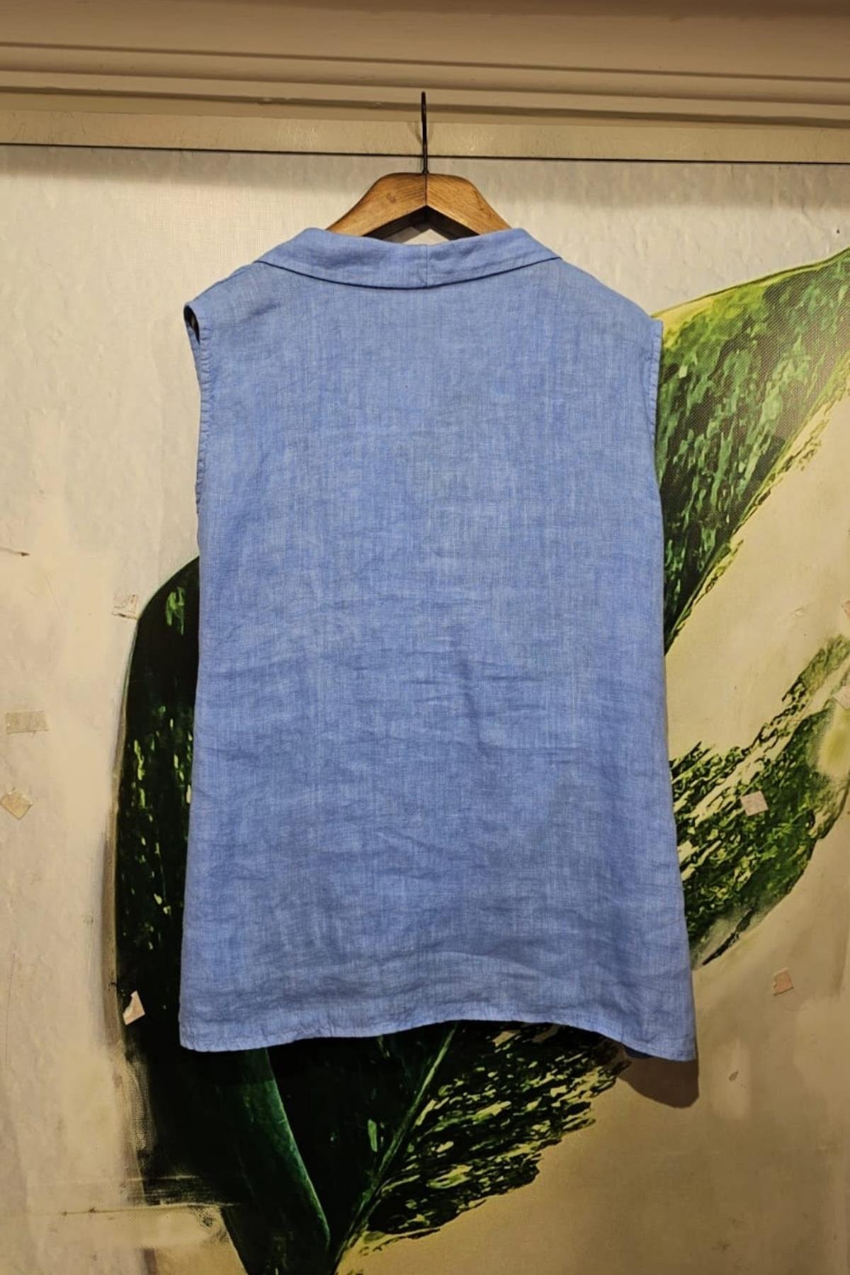 İtalyan Kuruvaze Keten Bluz Mavi