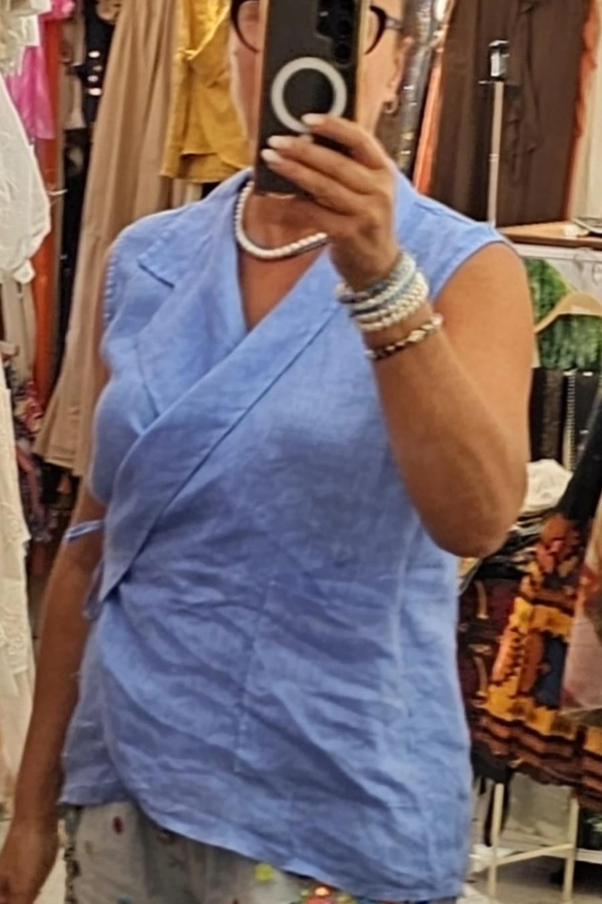 İtalyan Kuruvaze Keten Bluz Mavi