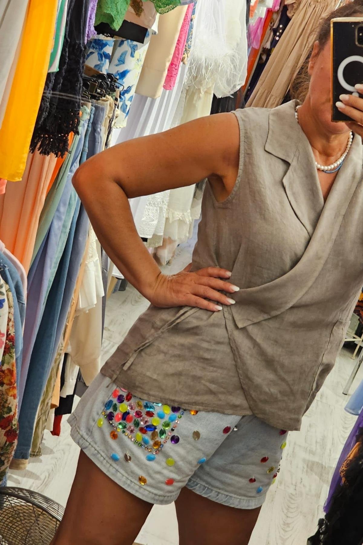 İtalyan Kuruvaze Keten Bluz Vizon