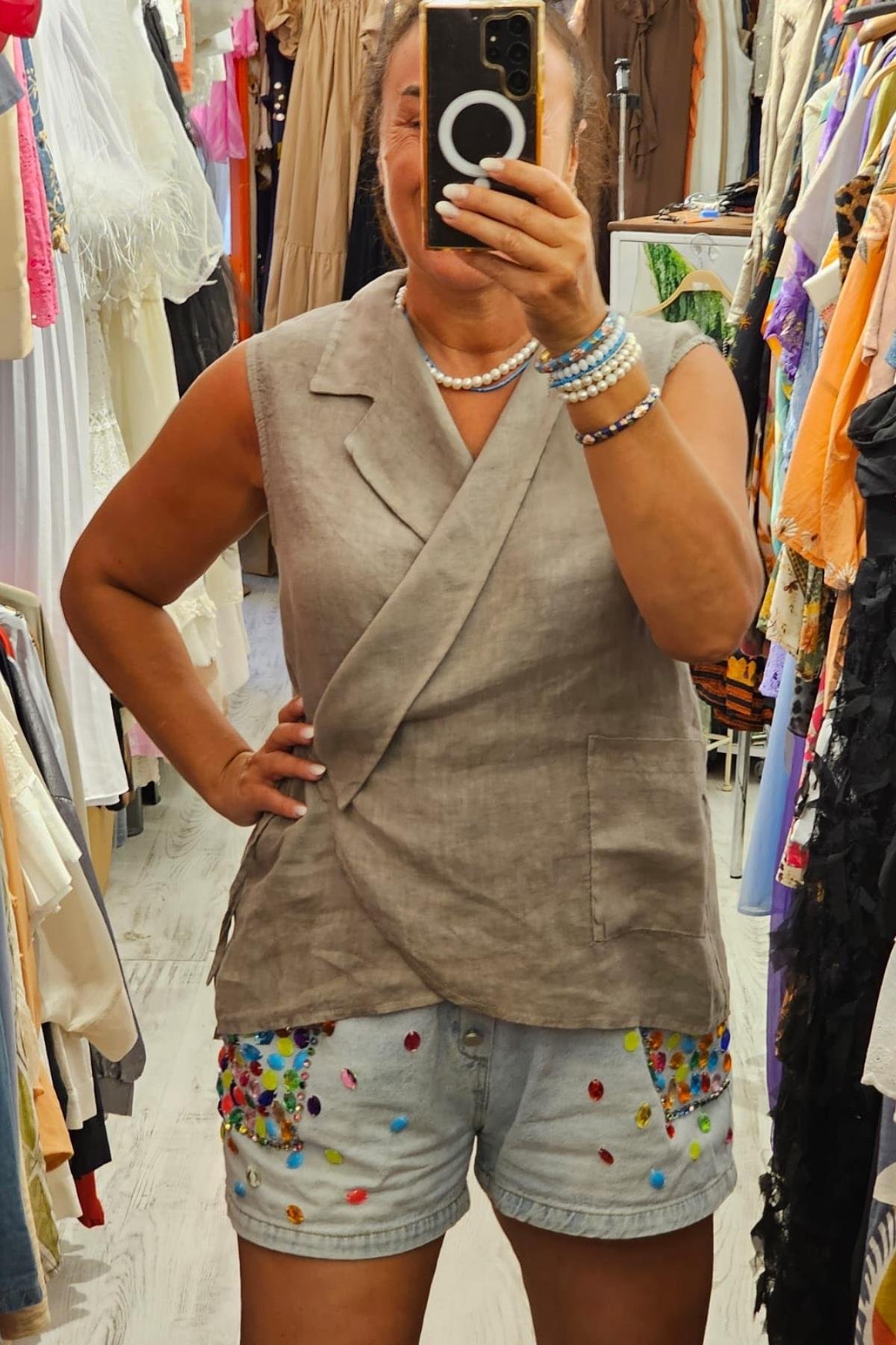 İtalyan Kuruvaze Keten Bluz Vizon