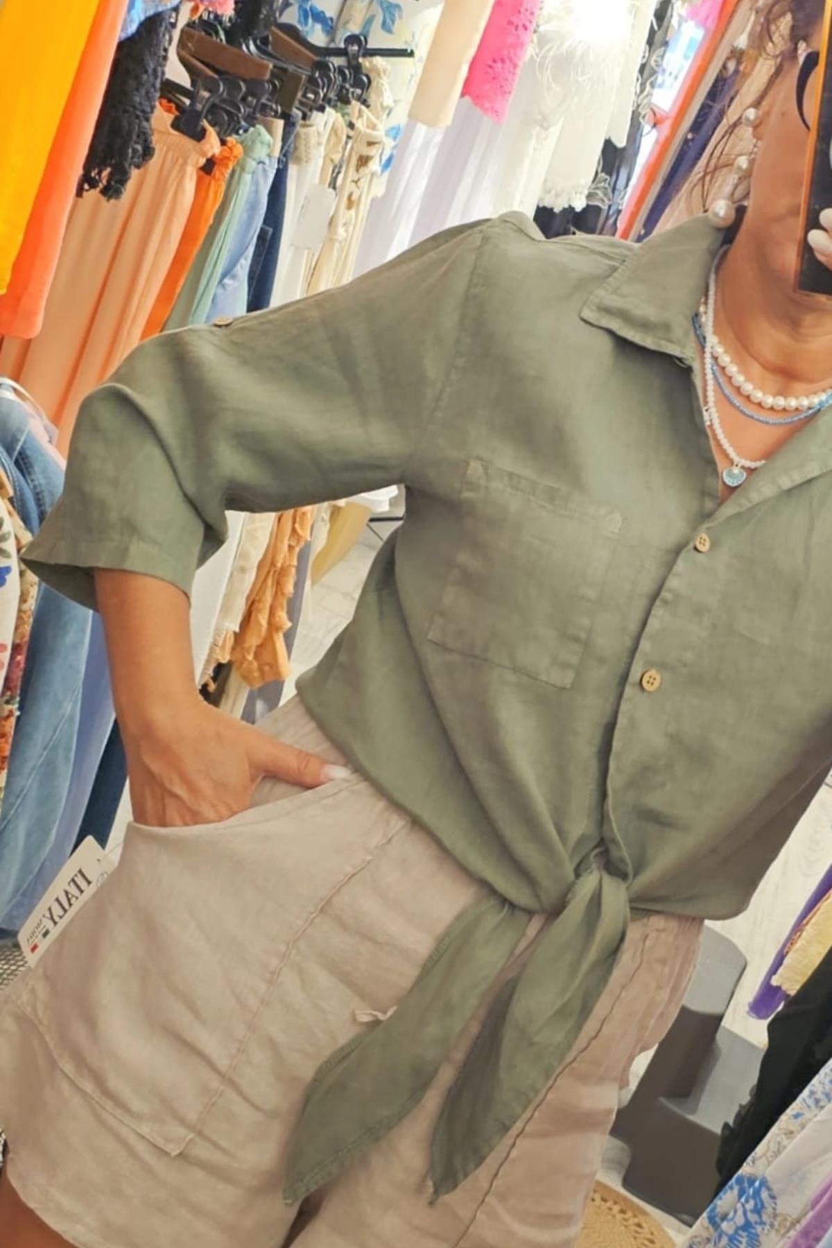 İtalyan Önden Bağlamalı Bluz Haki