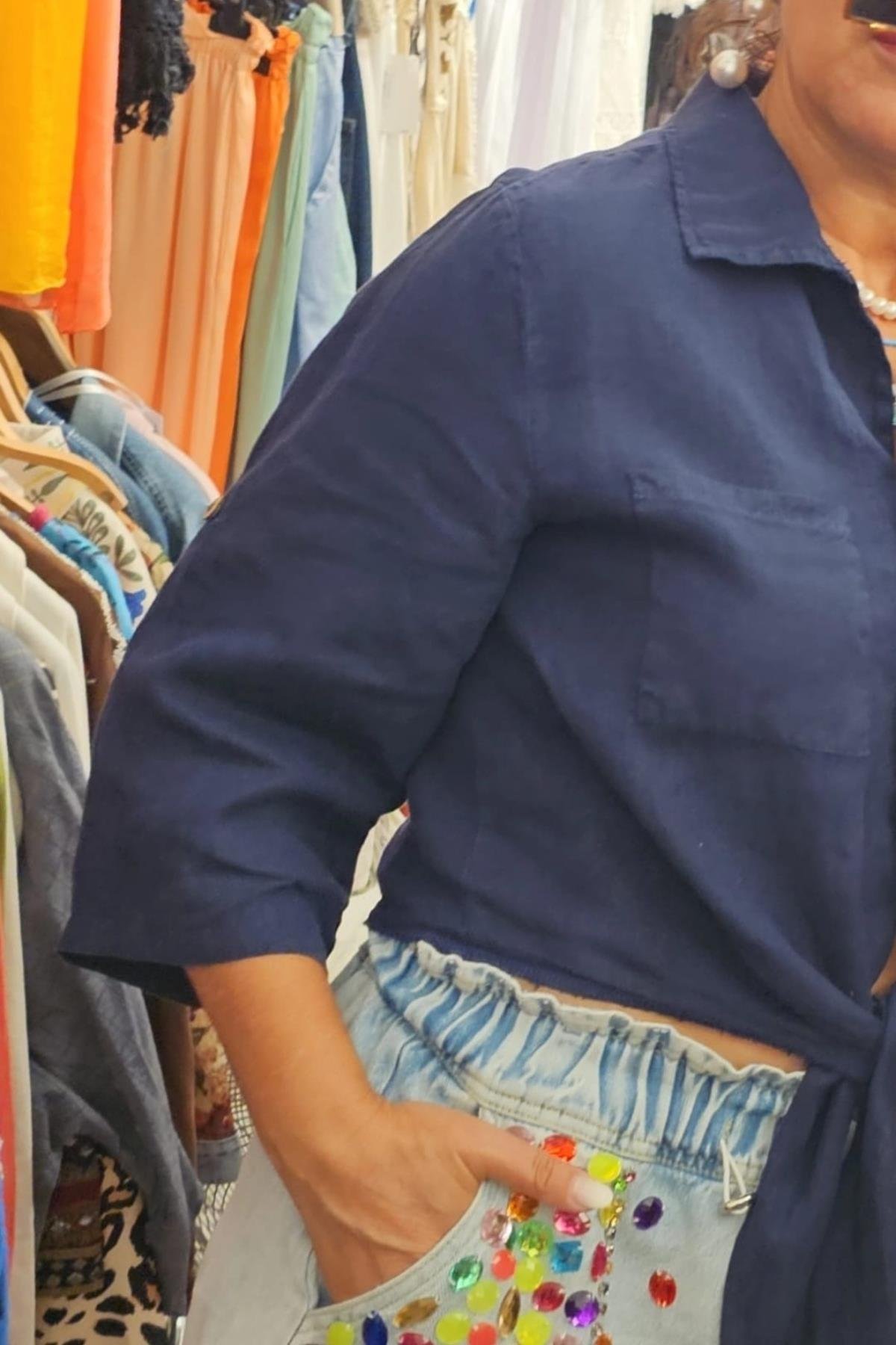 İtalyan Önden Bağlamalı Bluz Lacivert