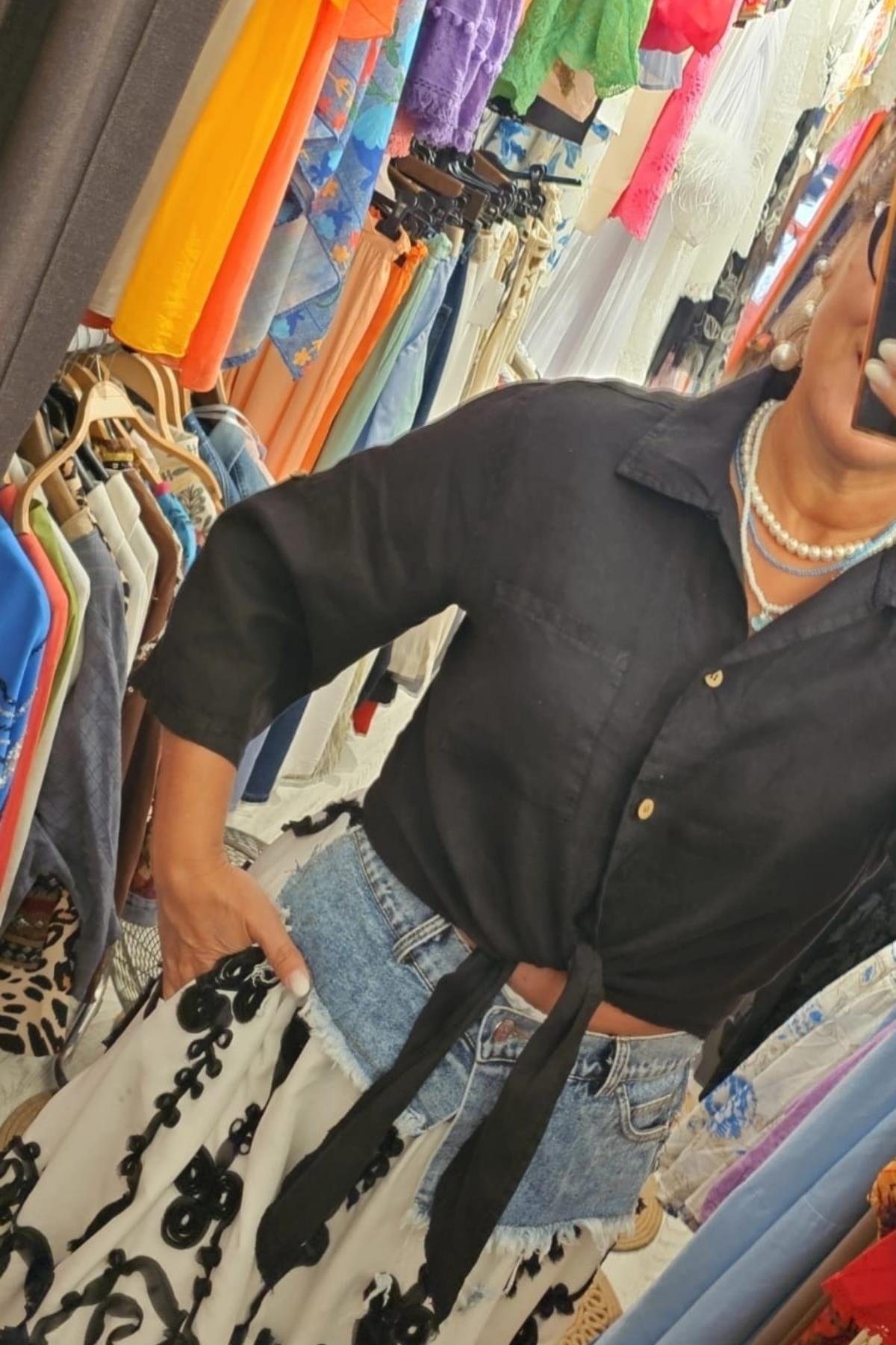 İtalyan Önden Bağlamalı Bluz Siyah