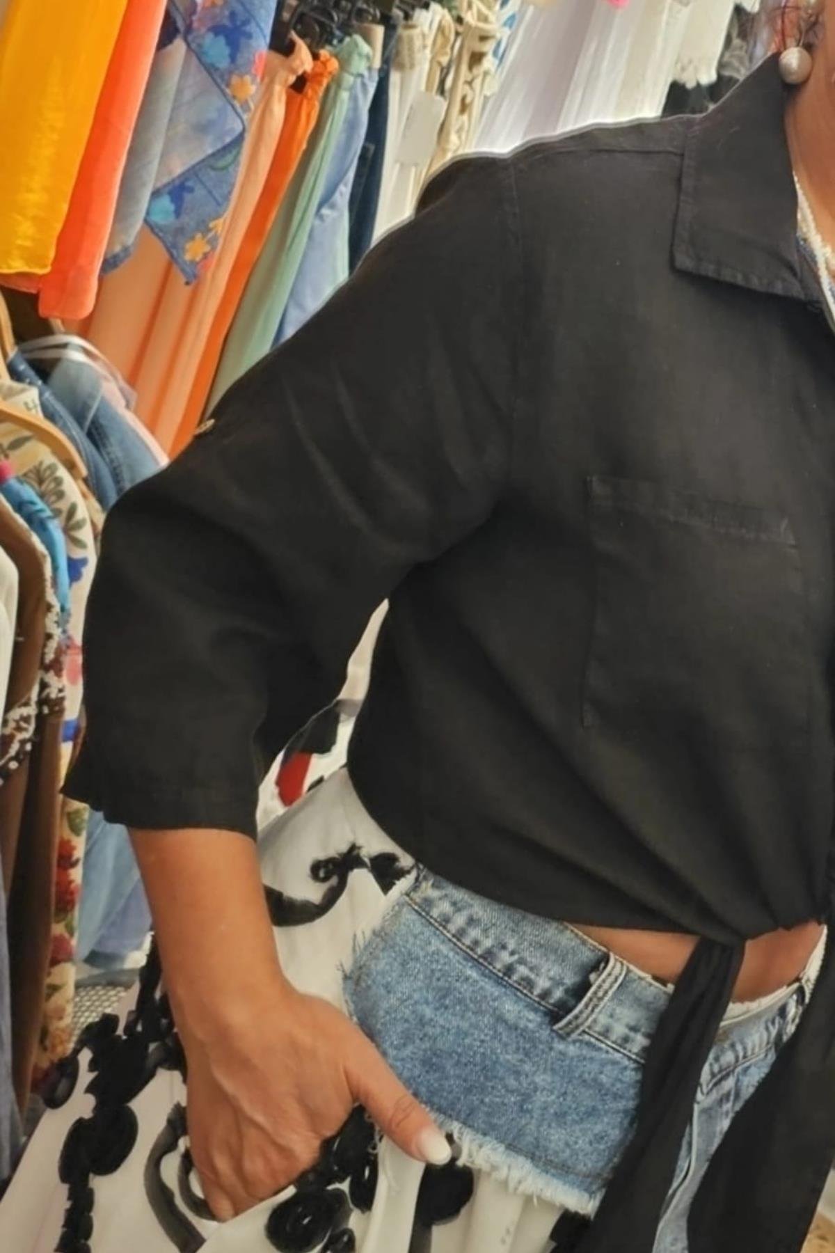 İtalyan Önden Bağlamalı Bluz Siyah