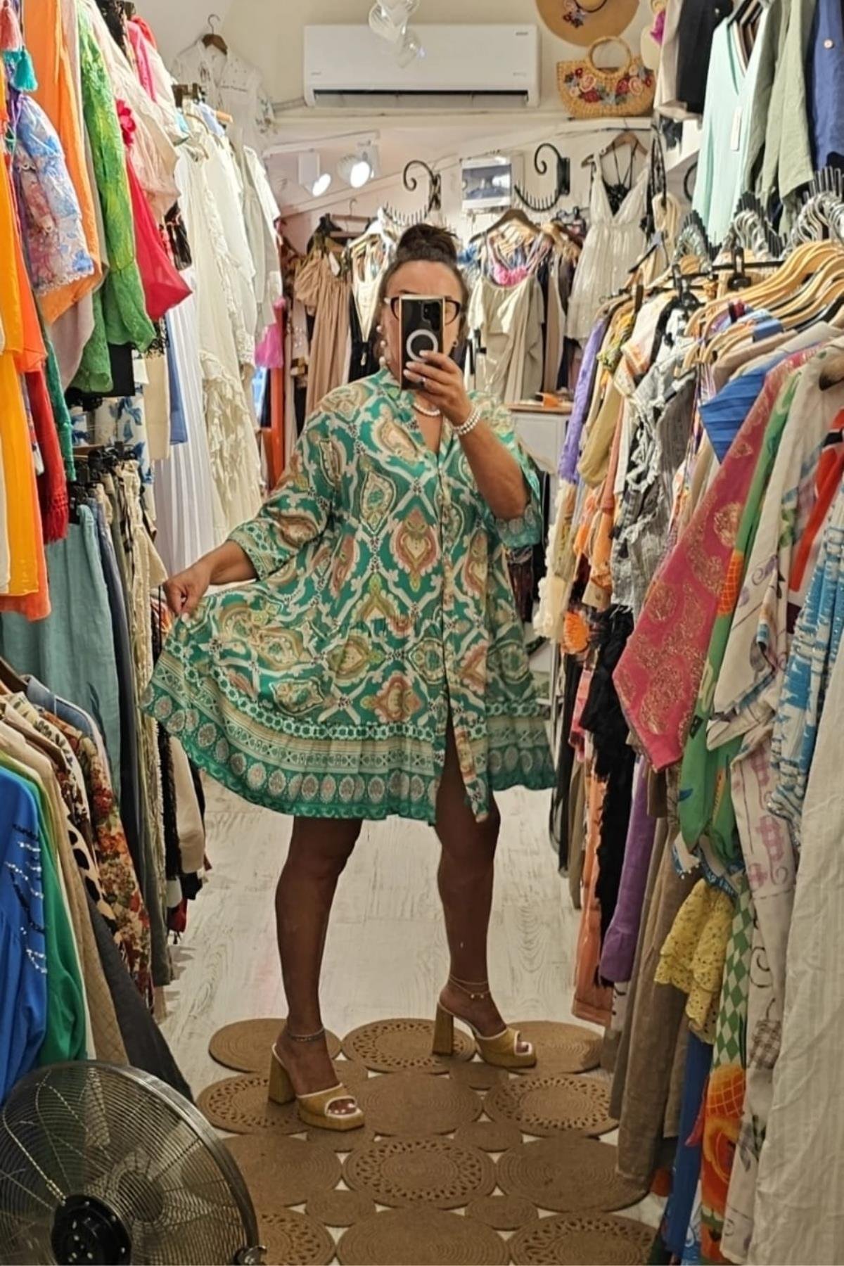 İtalyan Pamuklu Fiskon Önden Düğmeli Elbise Yeşil