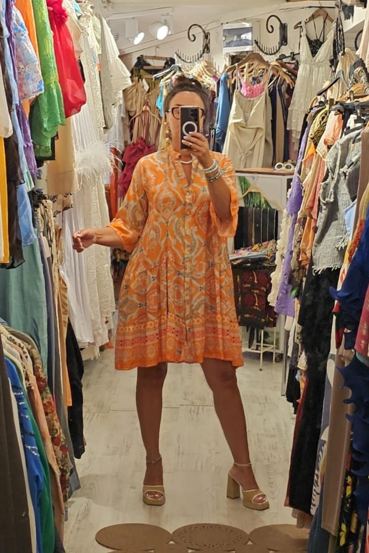 İtalyan Pamuklu Fiskon Önden Düğmeli Elbise Turuncu 