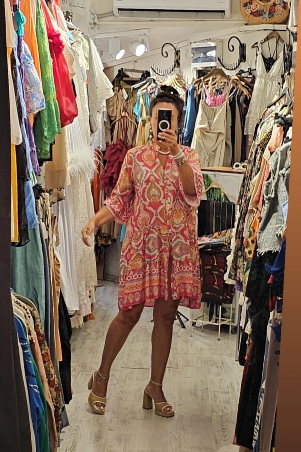 İtalyan Pamuklu Fiskon Önden Düğmeli Elbise Pembe