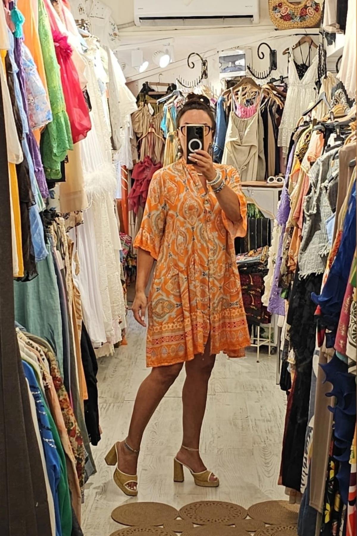 İtalyan Pamuklu Fiskon Önden Düğmeli Elbise Turuncu 