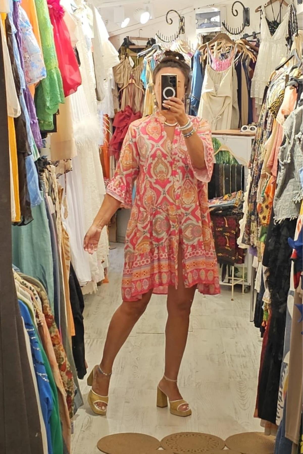 İtalyan Pamuklu Fiskon Önden Düğmeli Elbise Pembe