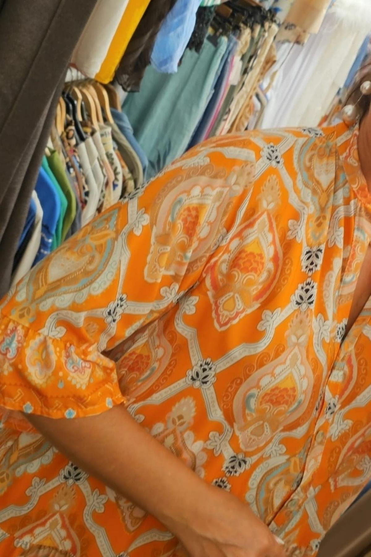 İtalyan Pamuklu Fiskon Önden Düğmeli Elbise Turuncu 