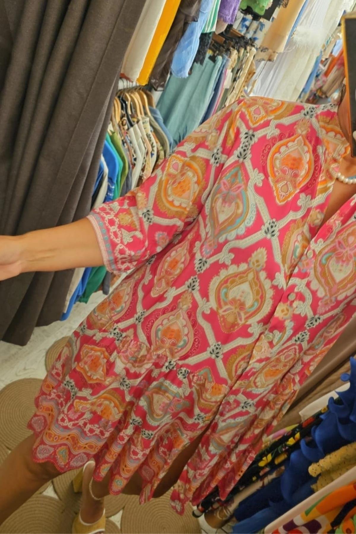 İtalyan Pamuklu Fiskon Önden Düğmeli Elbise Pembe