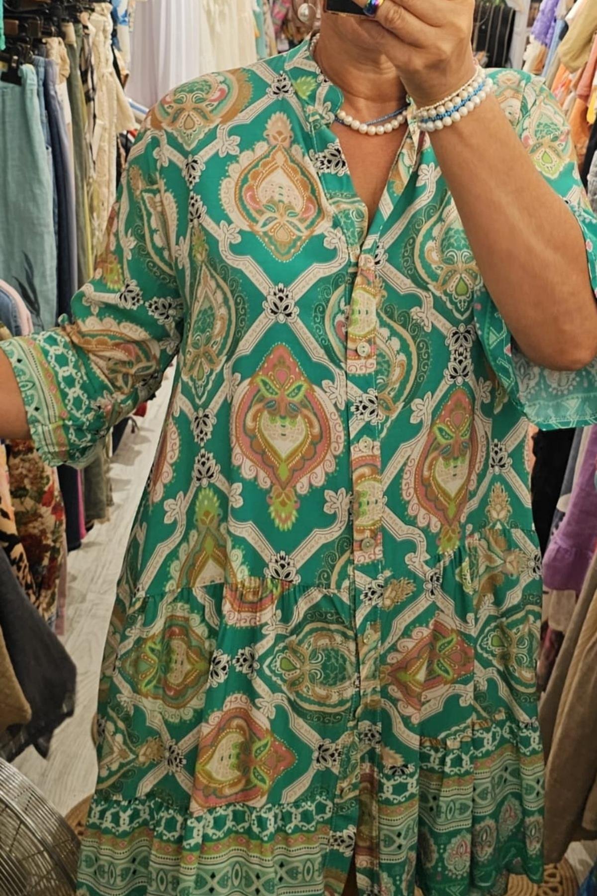 İtalyan Pamuklu Fiskon Önden Düğmeli Elbise Yeşil