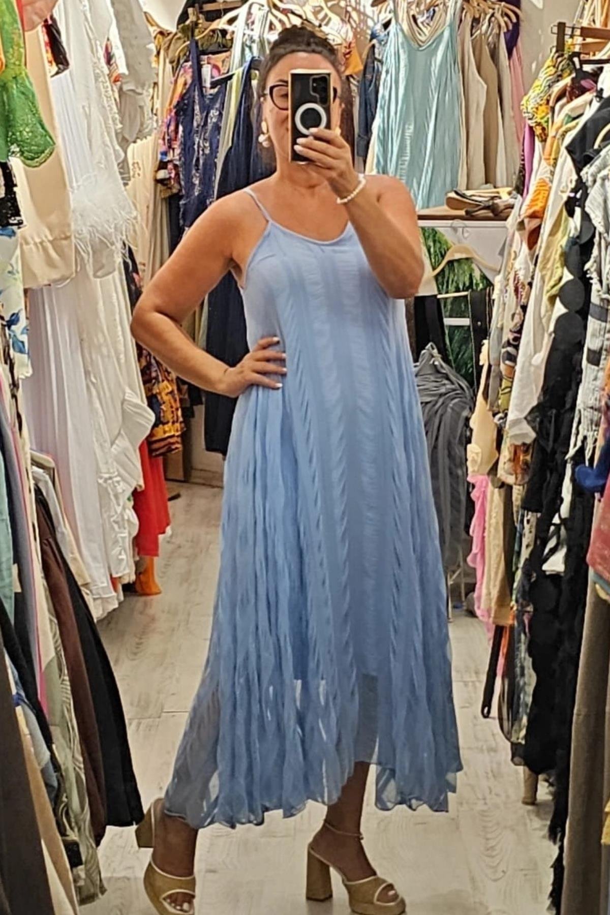 İtalyan Pamuklu Viskon İçi Astarlı Elbise Mavi