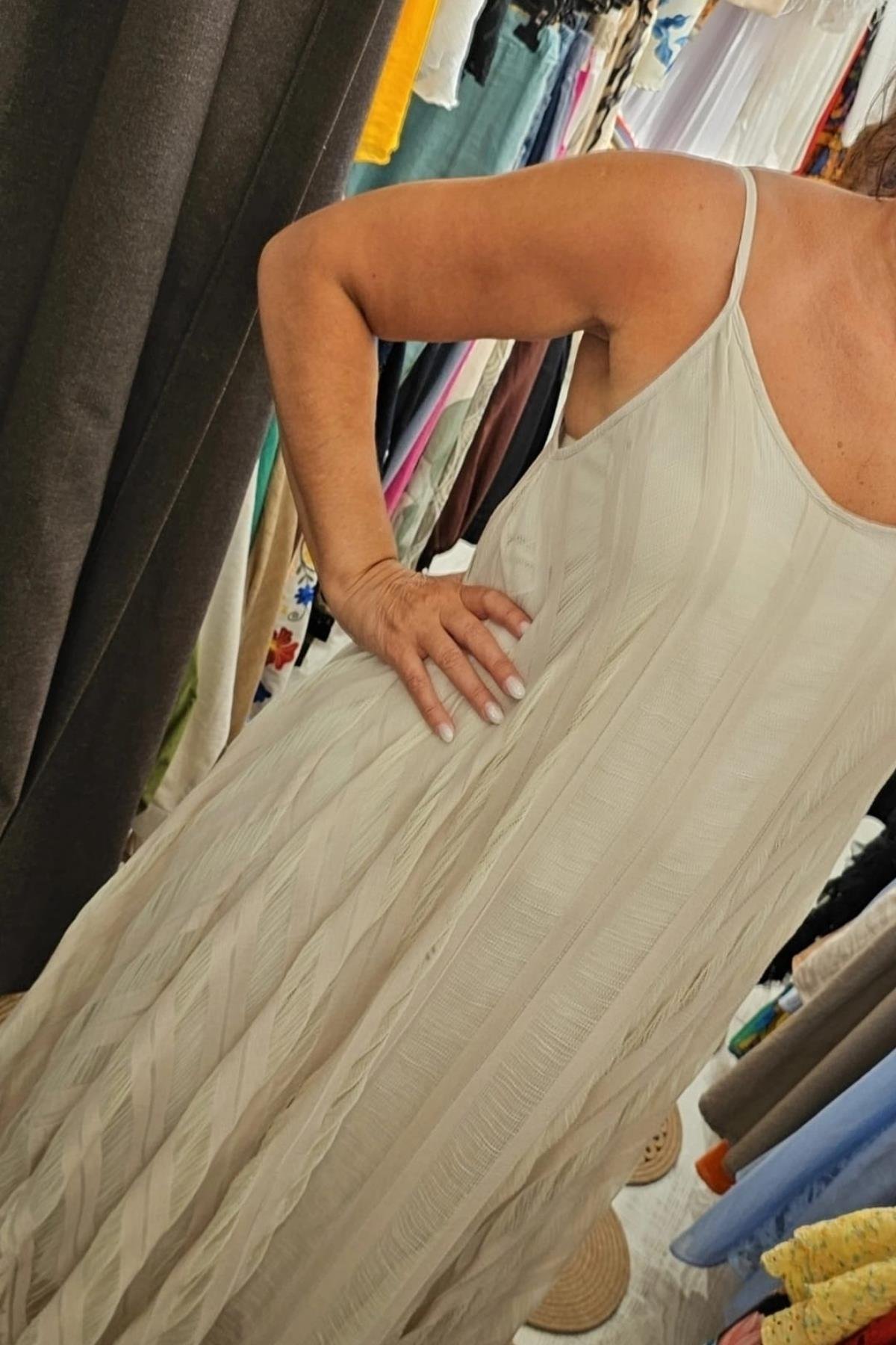 İtalyan Pamuklu Viskon İçi Astarlı Elbise Ekru