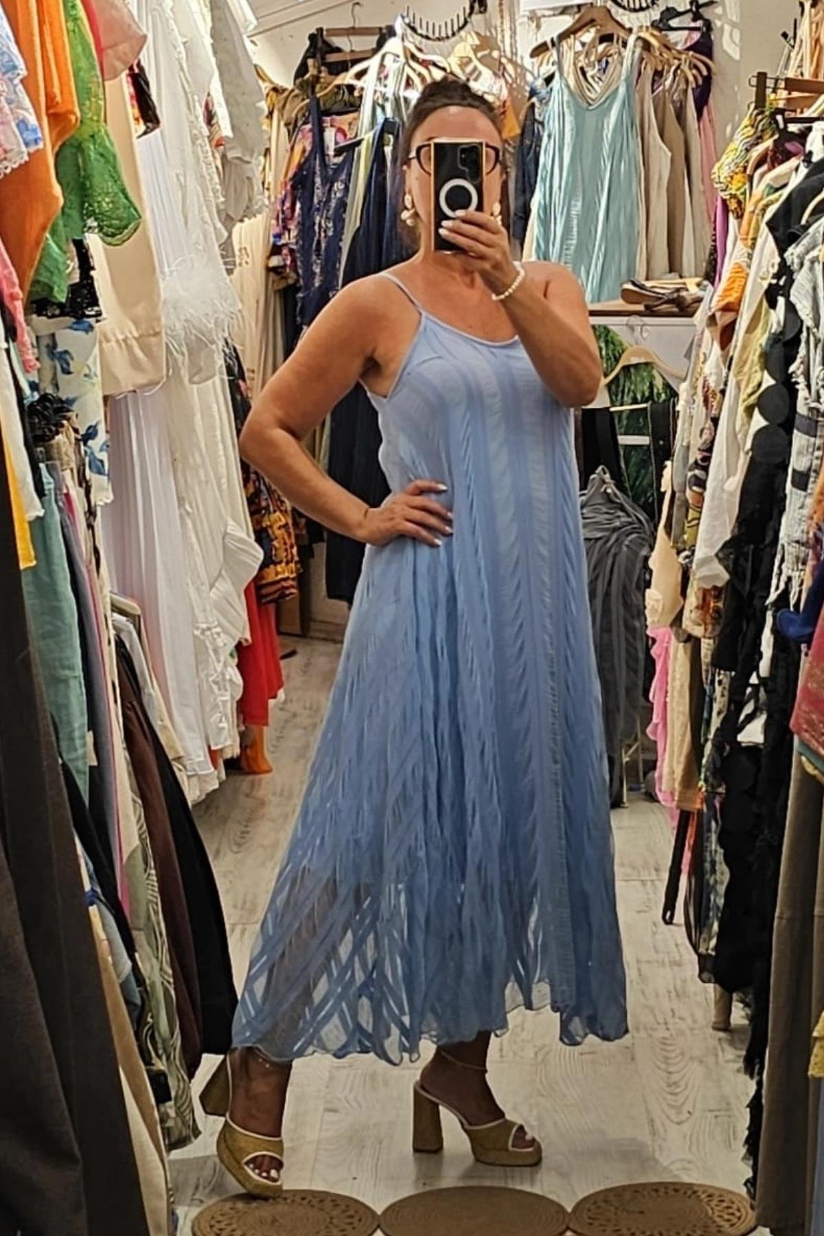 İtalyan Pamuklu Viskon İçi Astarlı Elbise Mavi