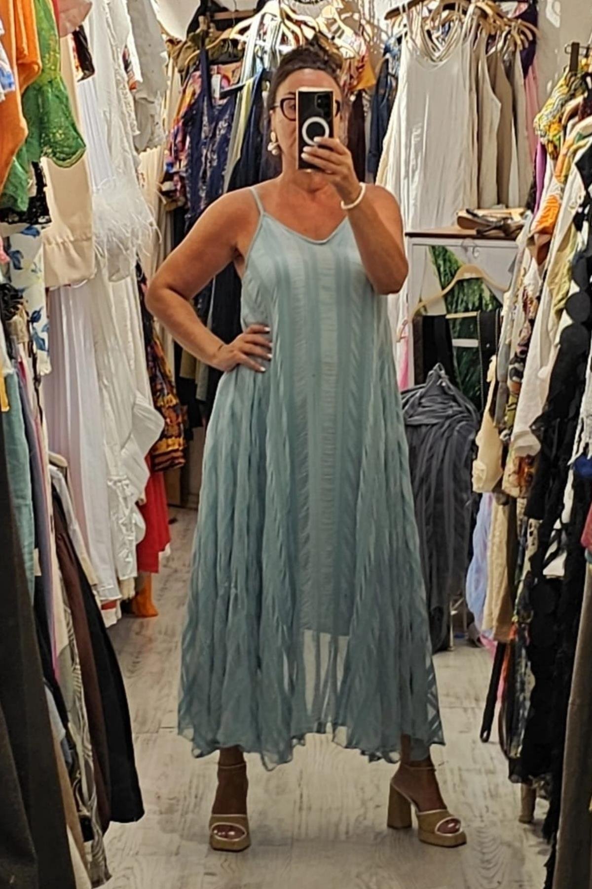 İtalyan Pamuklu Viskon İçi Astarlı Elbise Nil Yeşili