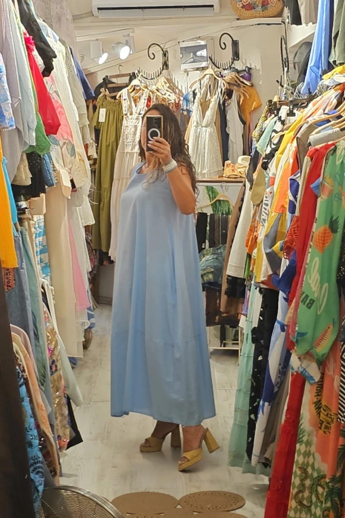 İtalyan SIfır Kol Yandan Cepli Elbise Buz Mavisi 