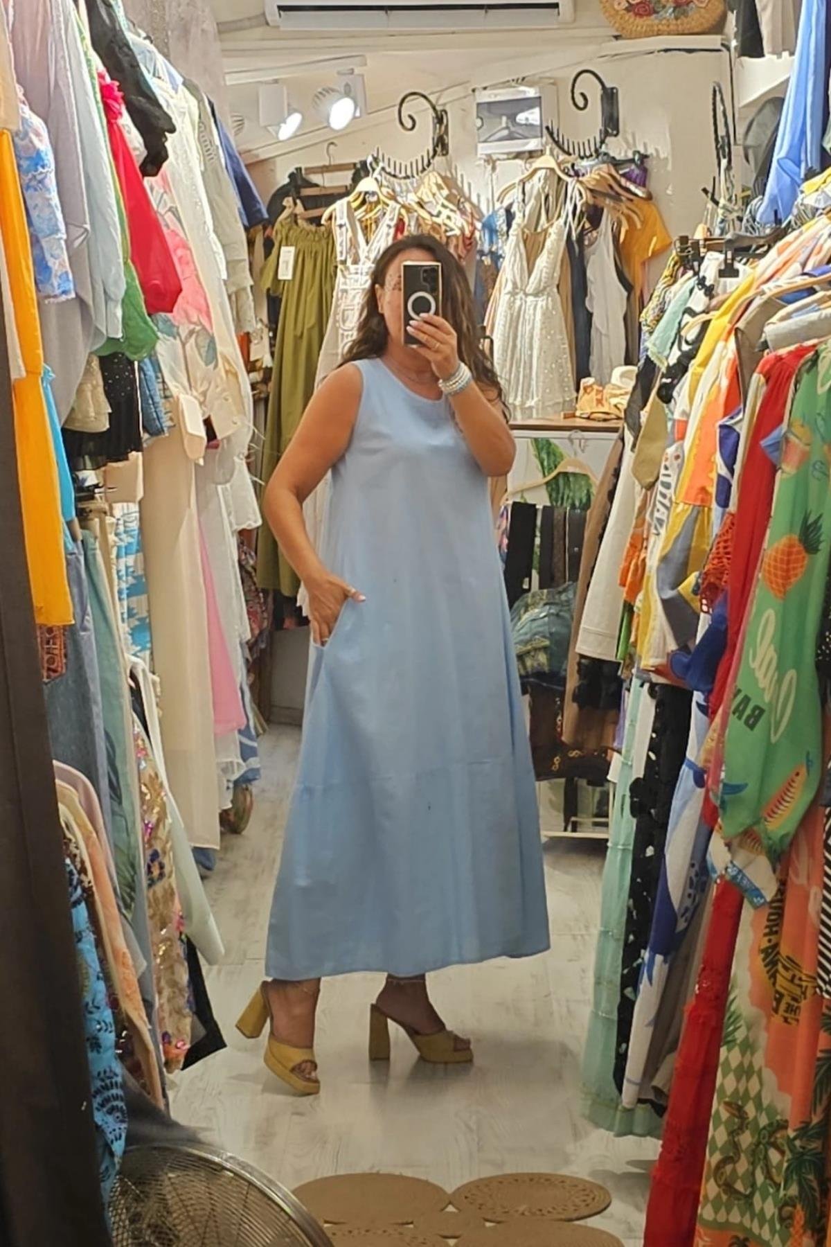 İtalyan SIfır Kol Yandan Cepli Elbise Buz Mavisi 