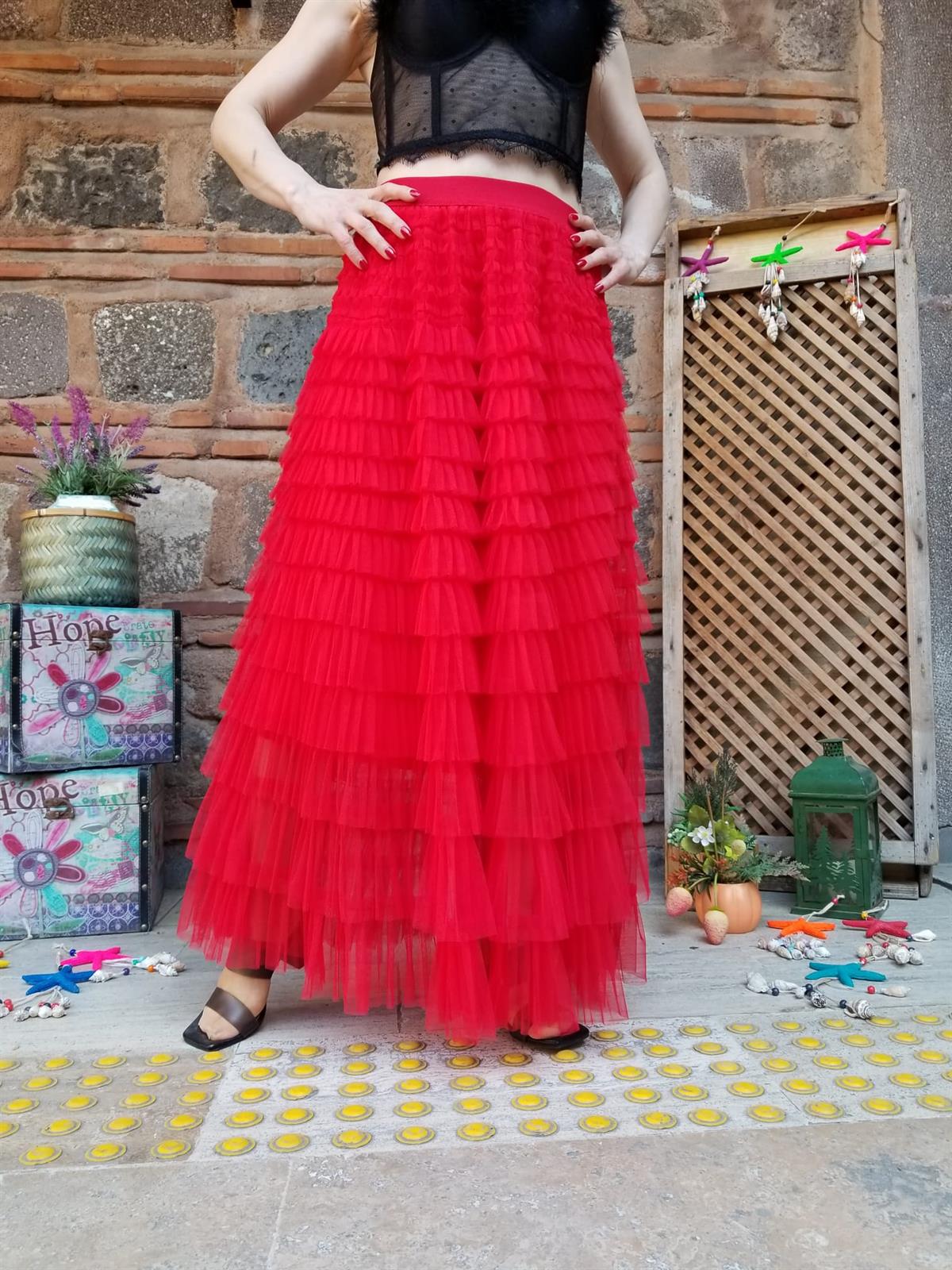 İTALYAN TÜL ETEK KIRMIZI