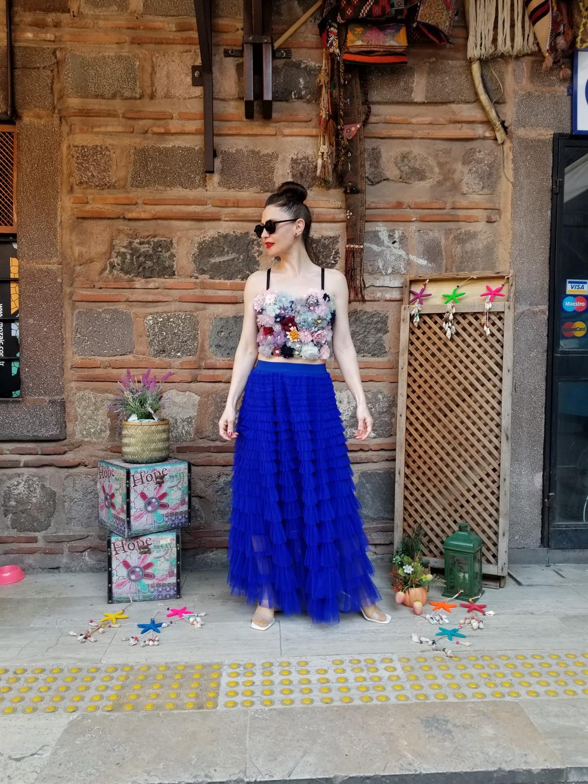 İTALYAN TÜL ETEK SAX MAVİ