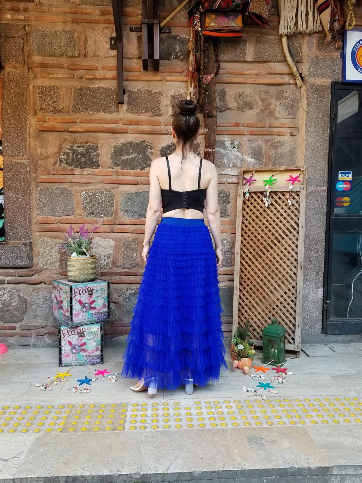 İTALYAN TÜL ETEK SAX MAVİ