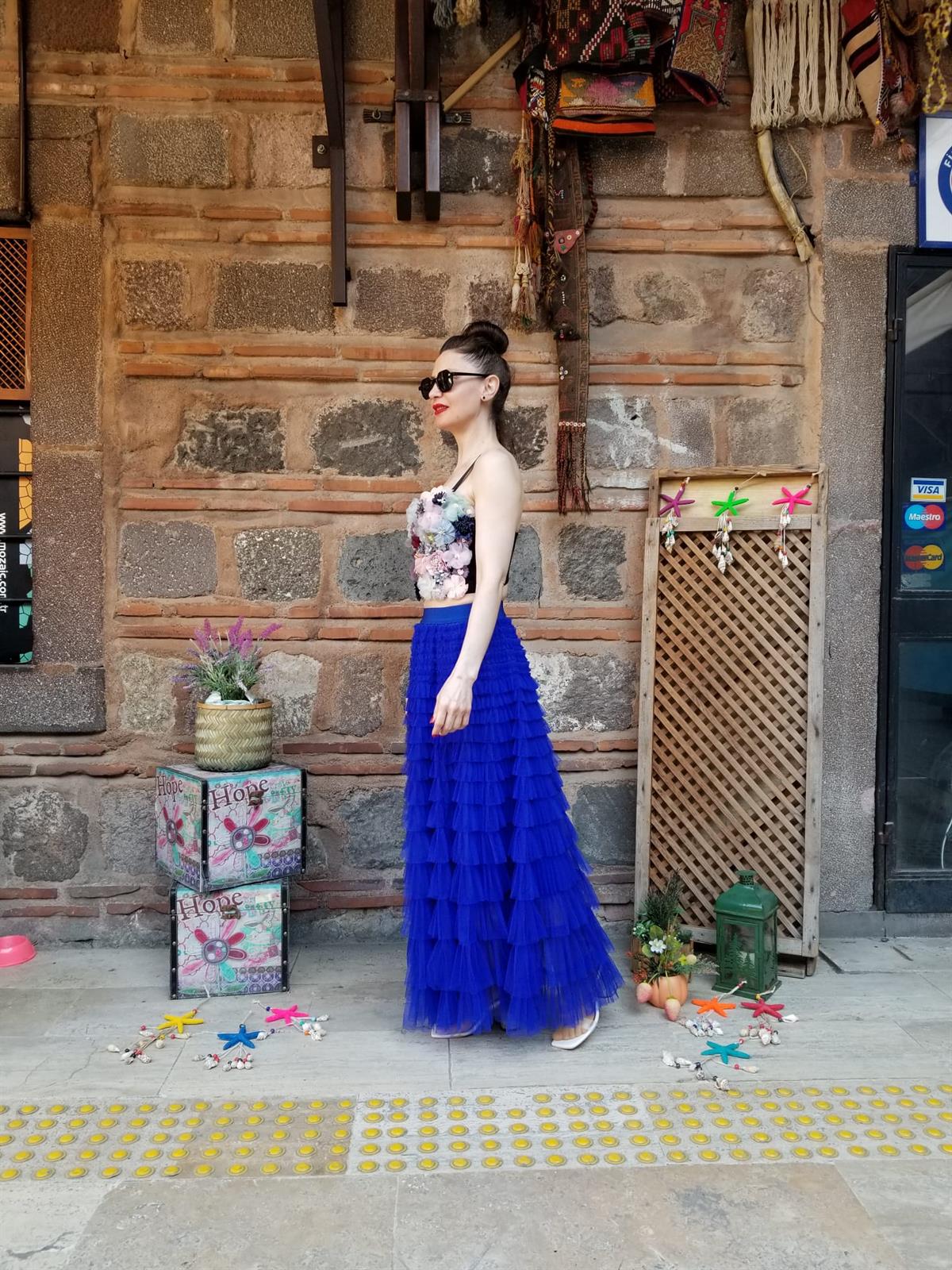 İTALYAN TÜL ETEK SAX MAVİ