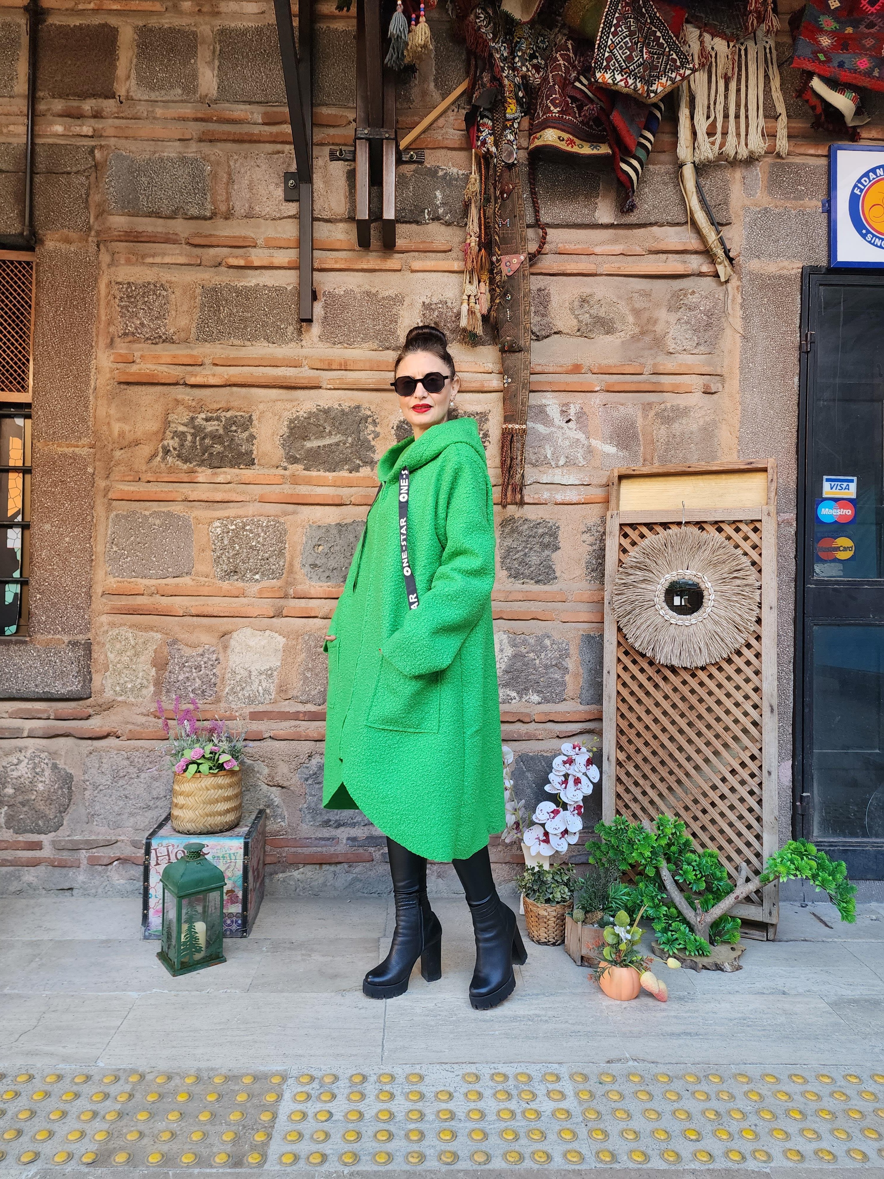 İtalyan Yün Buklet Kapişonlu Cepli Kaban Yeşil