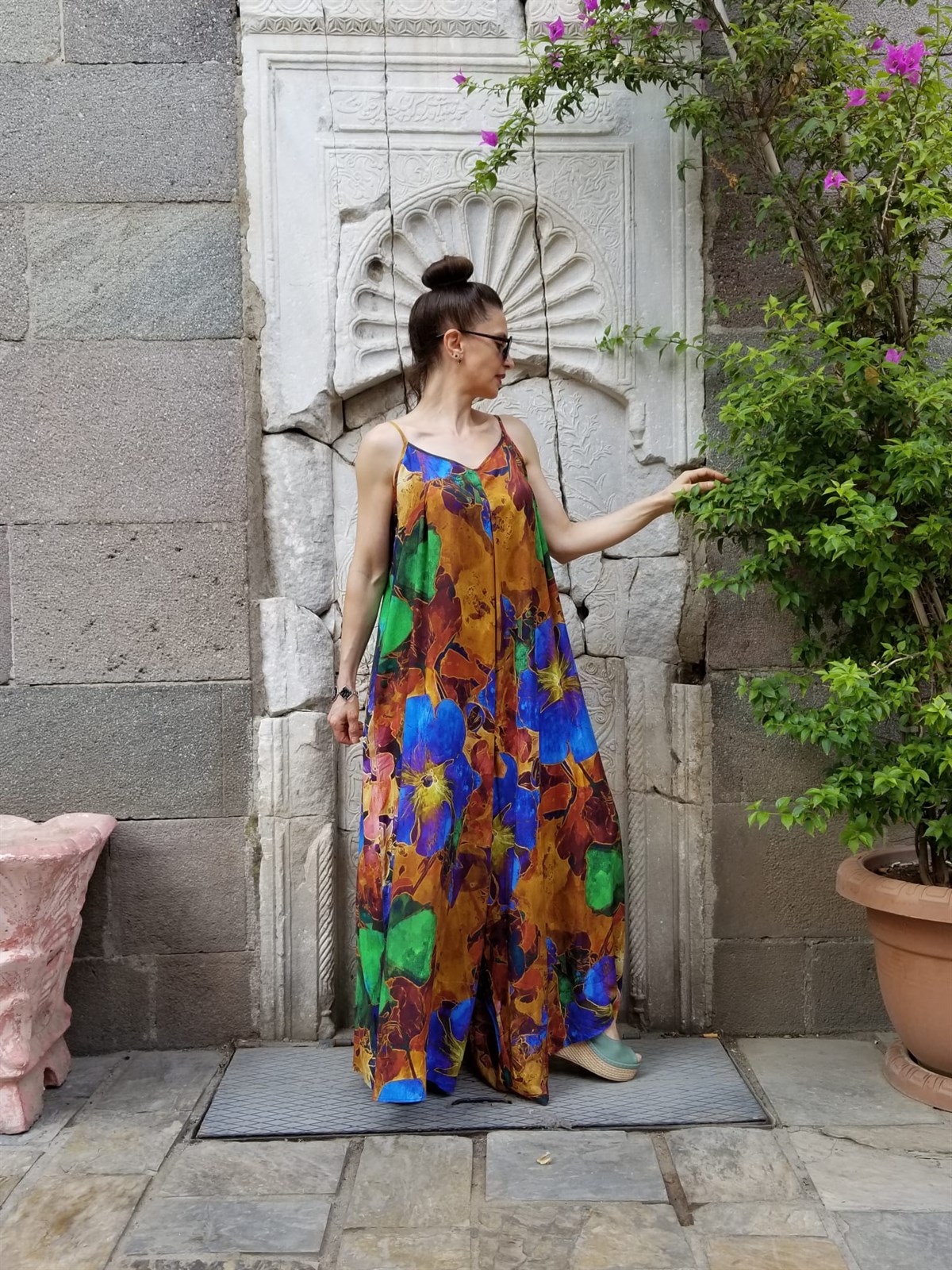 Pamuklu Viskon Kumaş Lacivert Beyaz Tulum Elbise