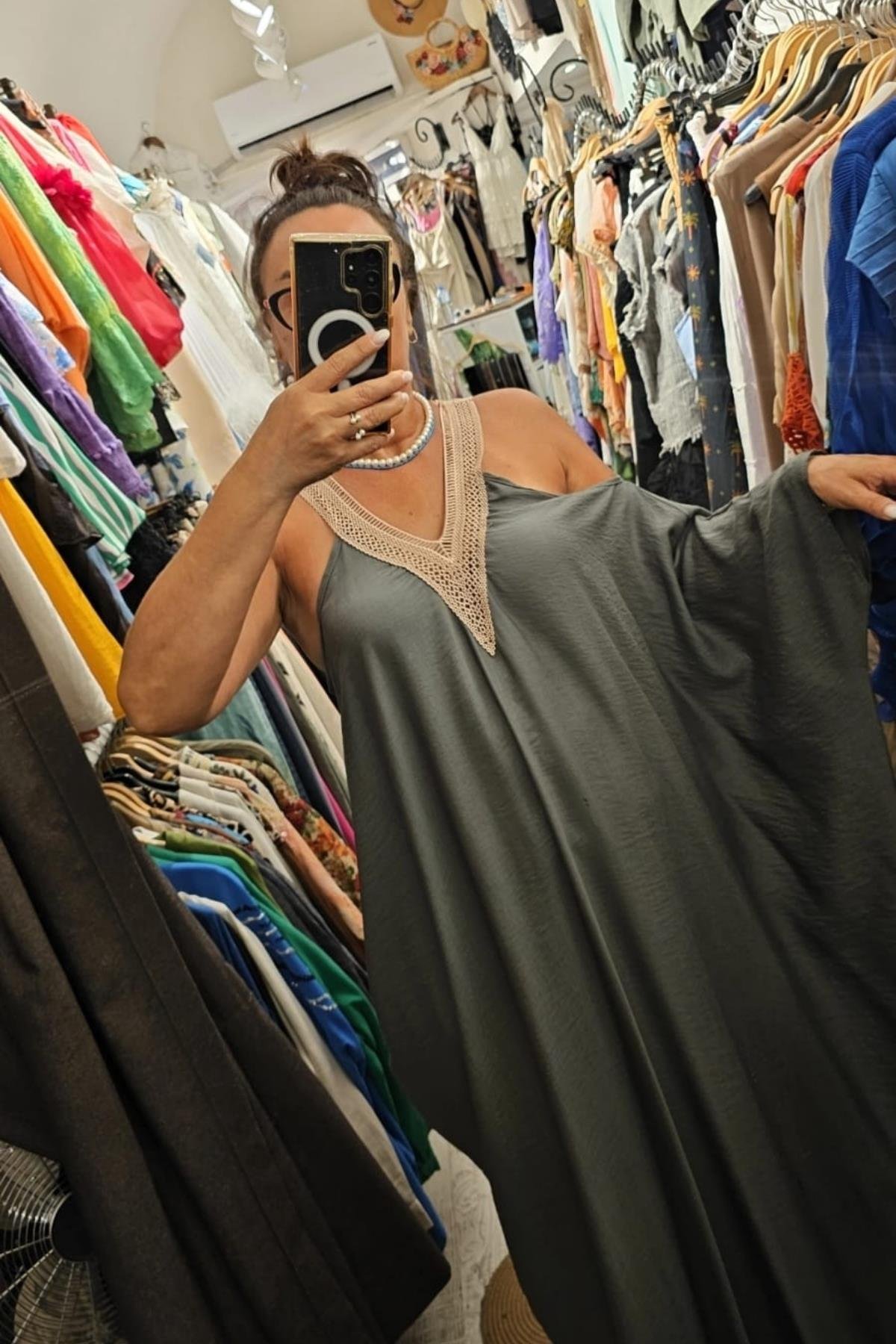 Tensel Kumaş Yarasa Kol V Yaka Elbise Haki