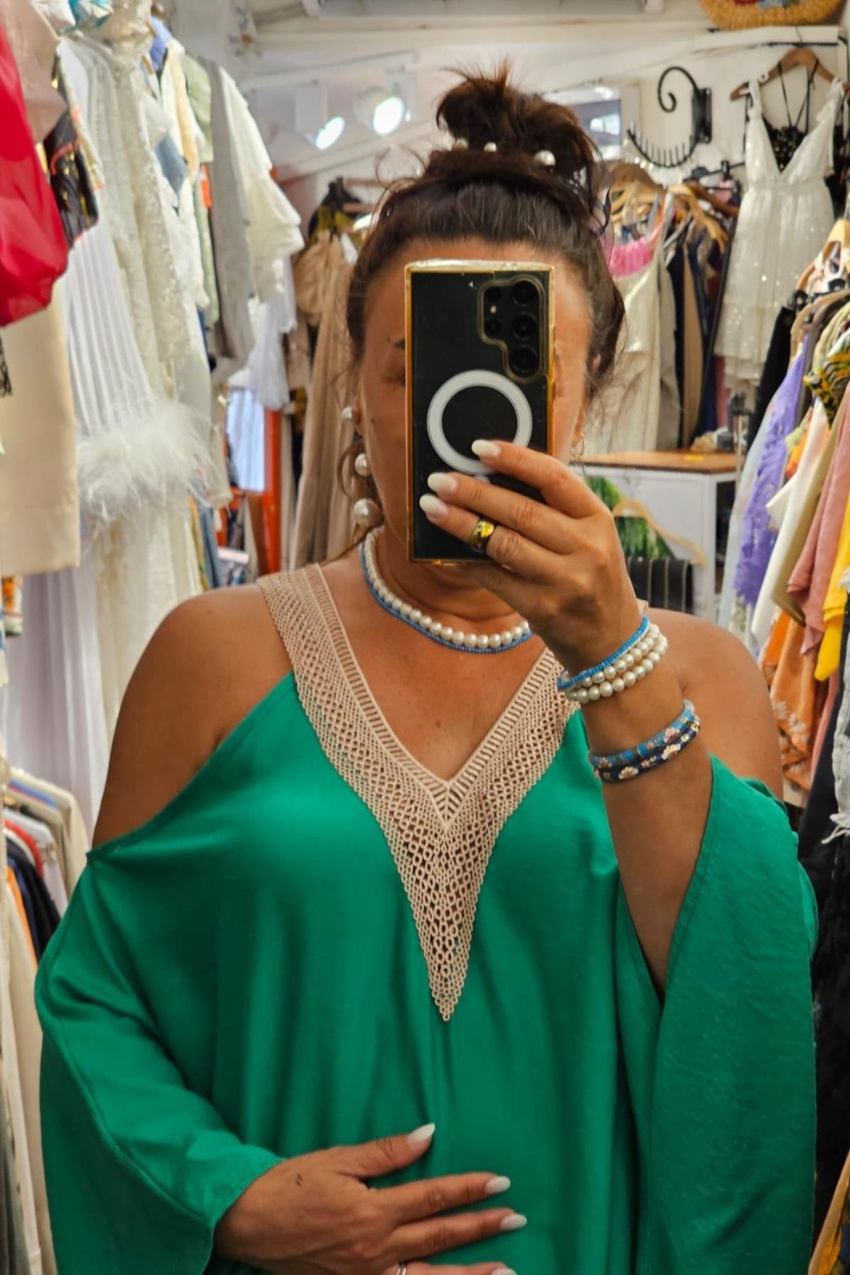 Tensel Kumaş Yarasa Kol V Yaka Elbise Yeşil