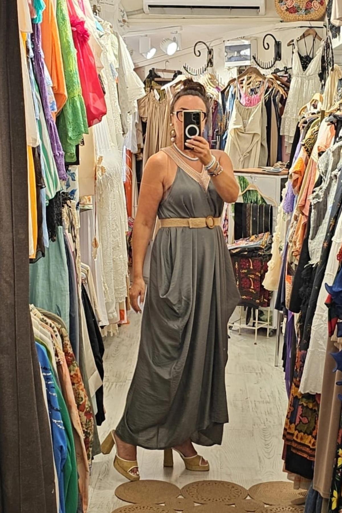 Tensel Kumaş Yarasa Kol V Yaka Elbise Haki