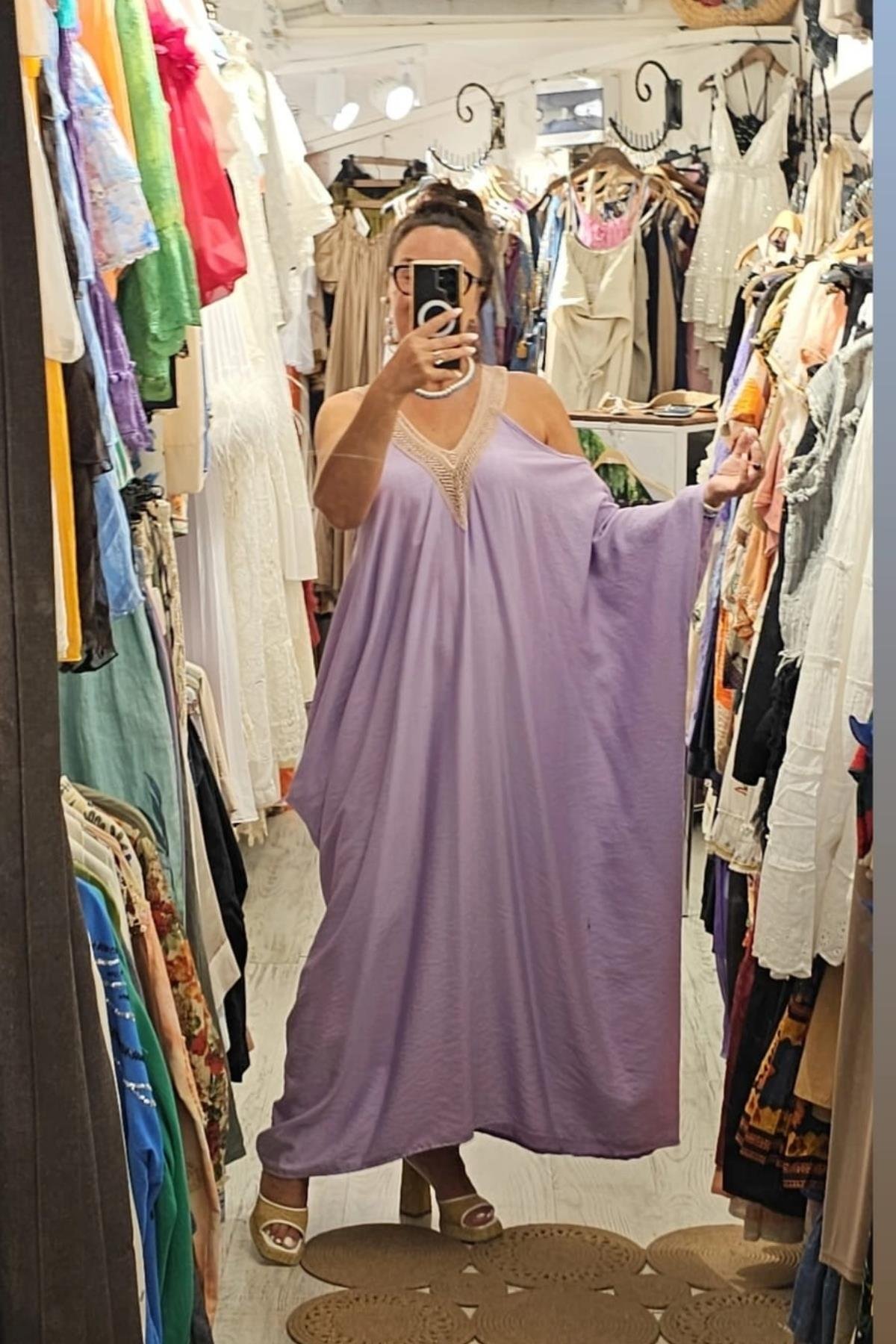 Tensel Kumaş Yarasa Kol V Yaka Elbise Lila