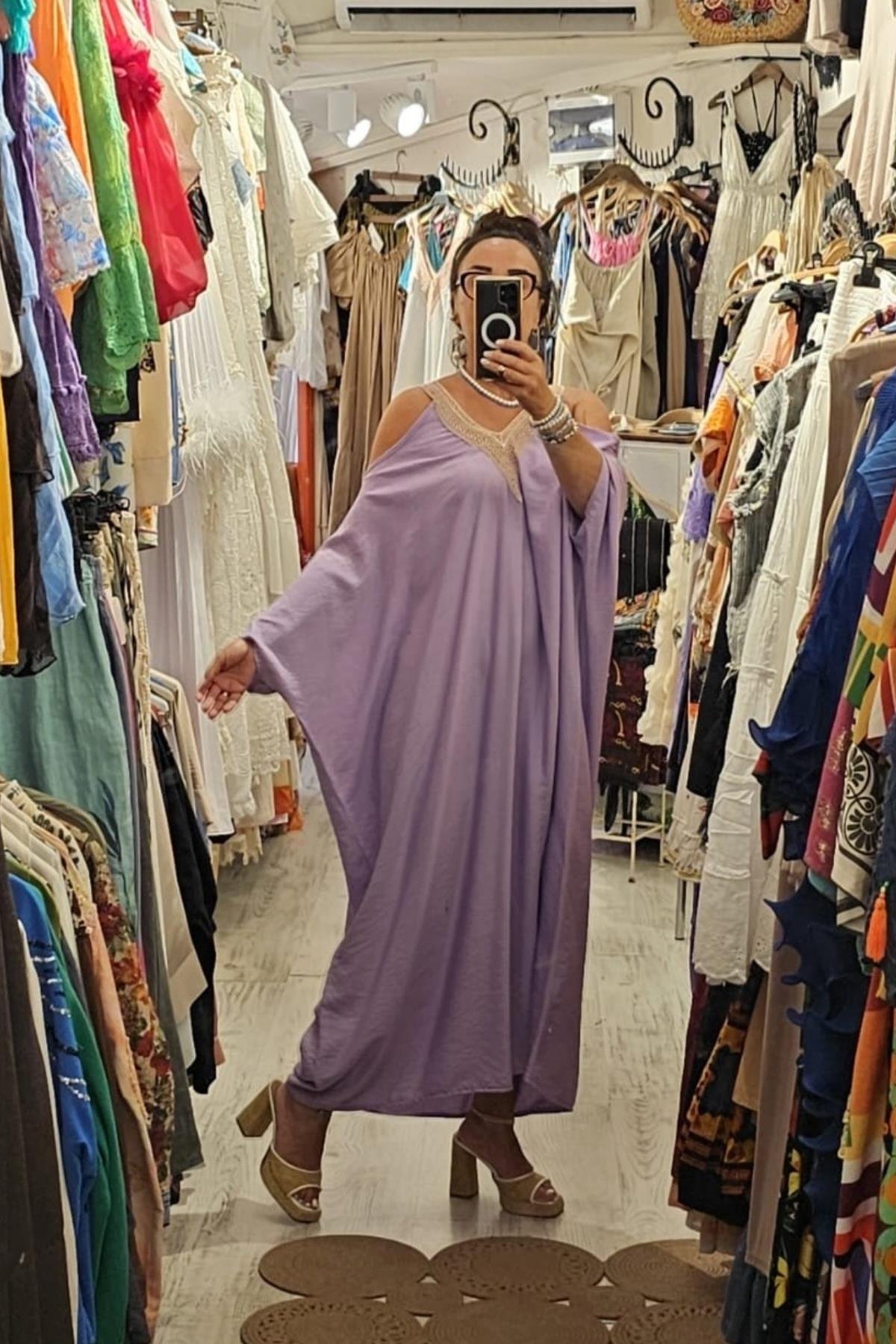 Tensel Kumaş Yarasa Kol V Yaka Elbise Lila