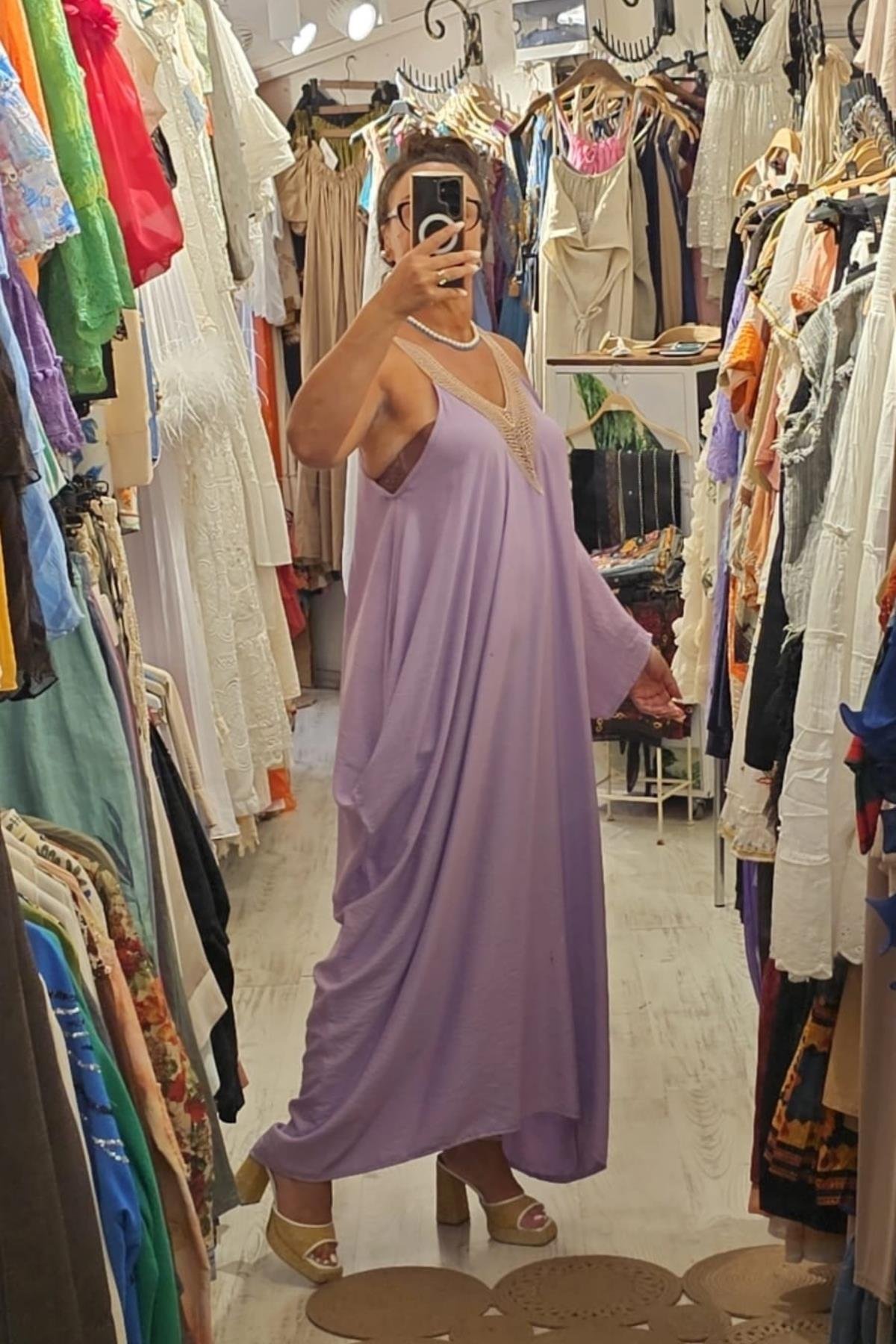 Tensel Kumaş Yarasa Kol V Yaka Elbise Lila