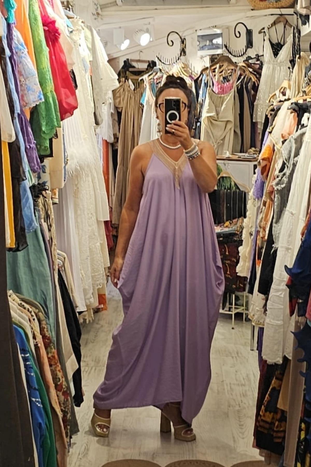 Tensel Kumaş Yarasa Kol V Yaka Elbise Lila