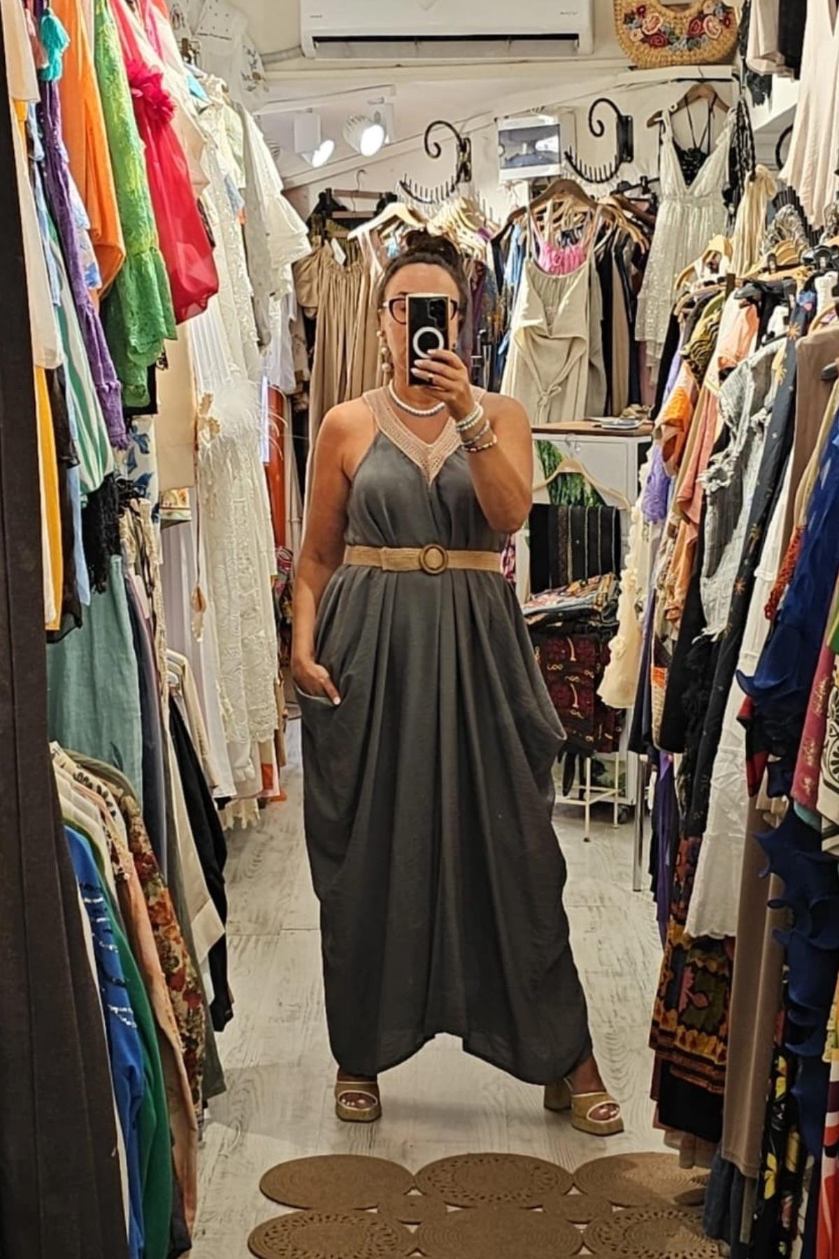 Tensel Kumaş Yarasa Kol V Yaka Elbise Haki