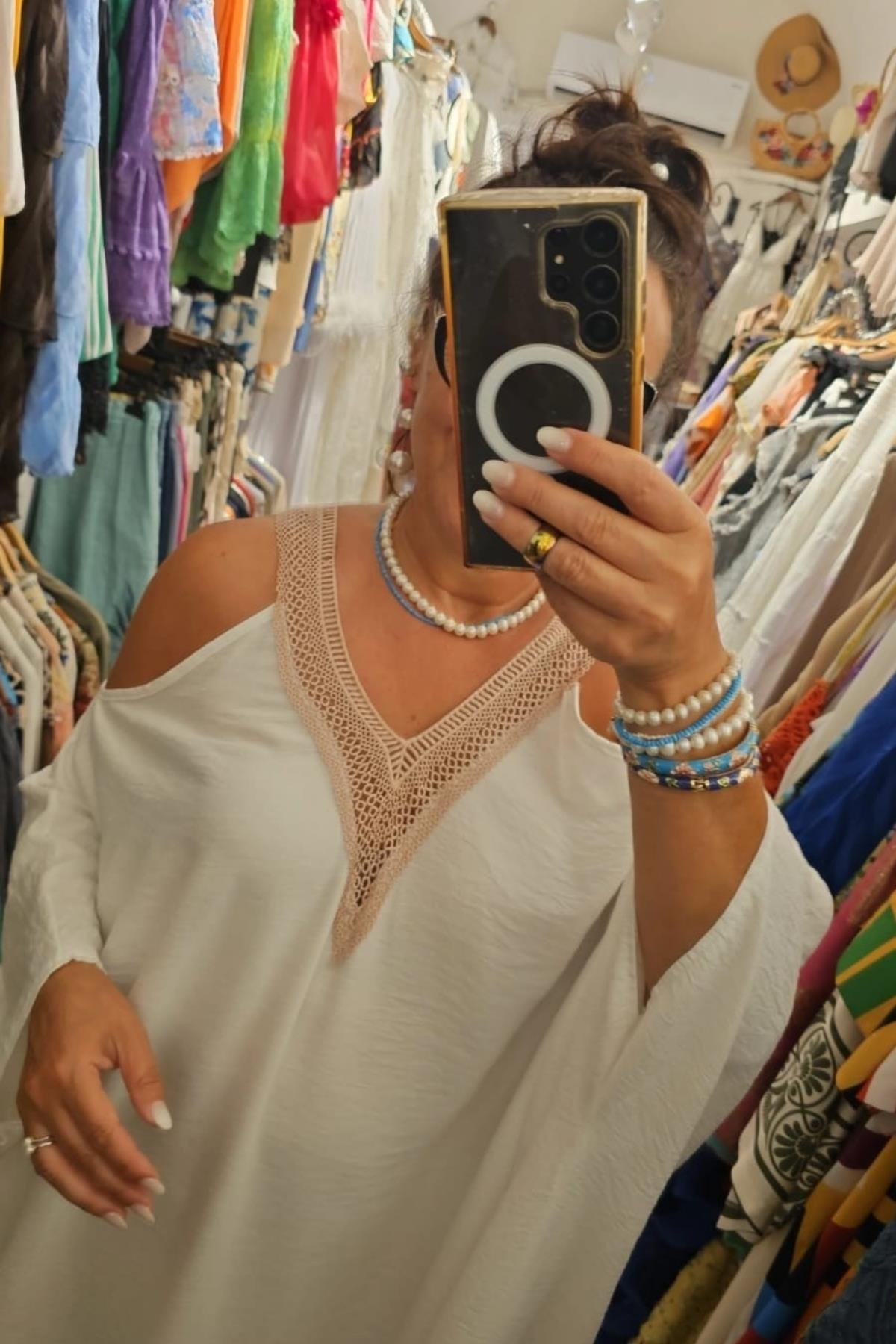 Tensel Kumaş Yarasa Kol V Yaka Elbise Beyaz