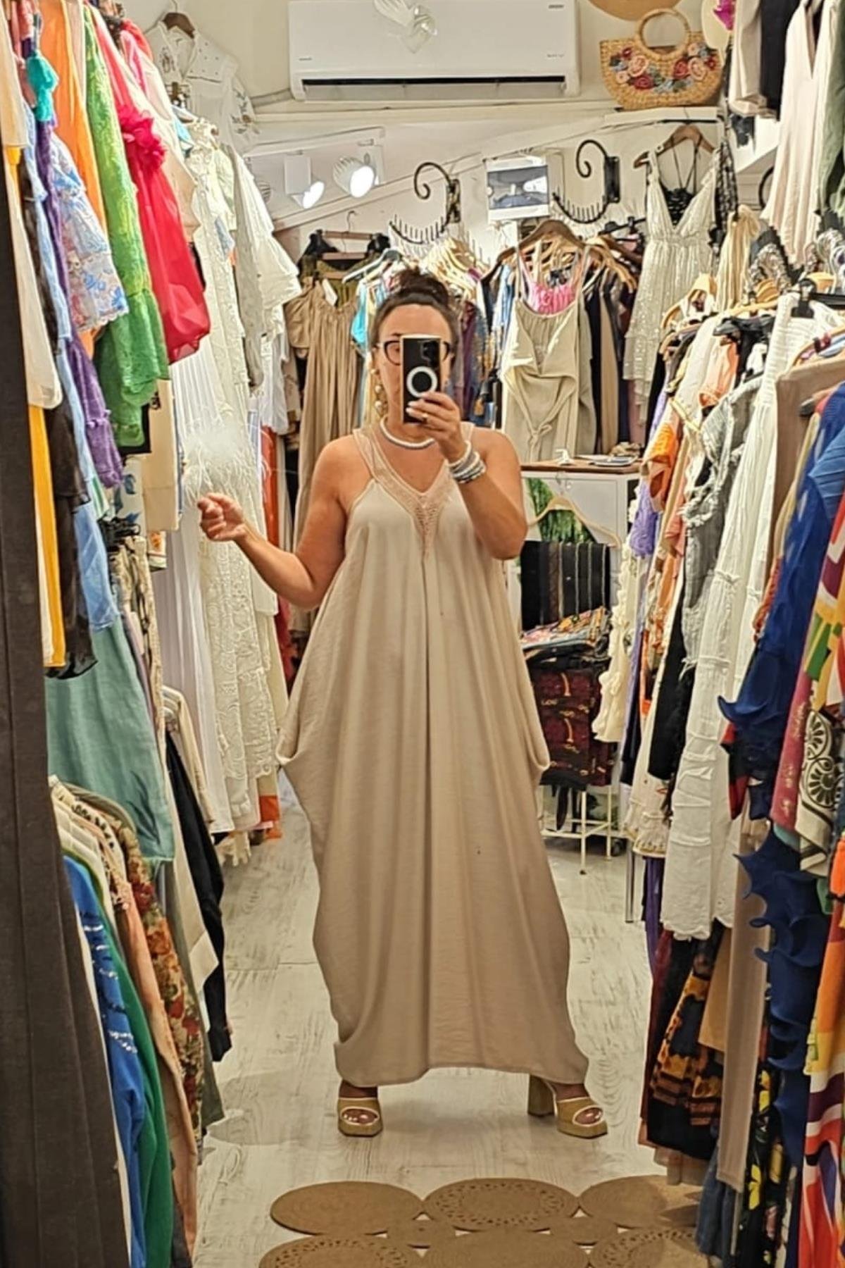 Tensel Kumaş Yarasa Kol V Yaka Elbise Ekru