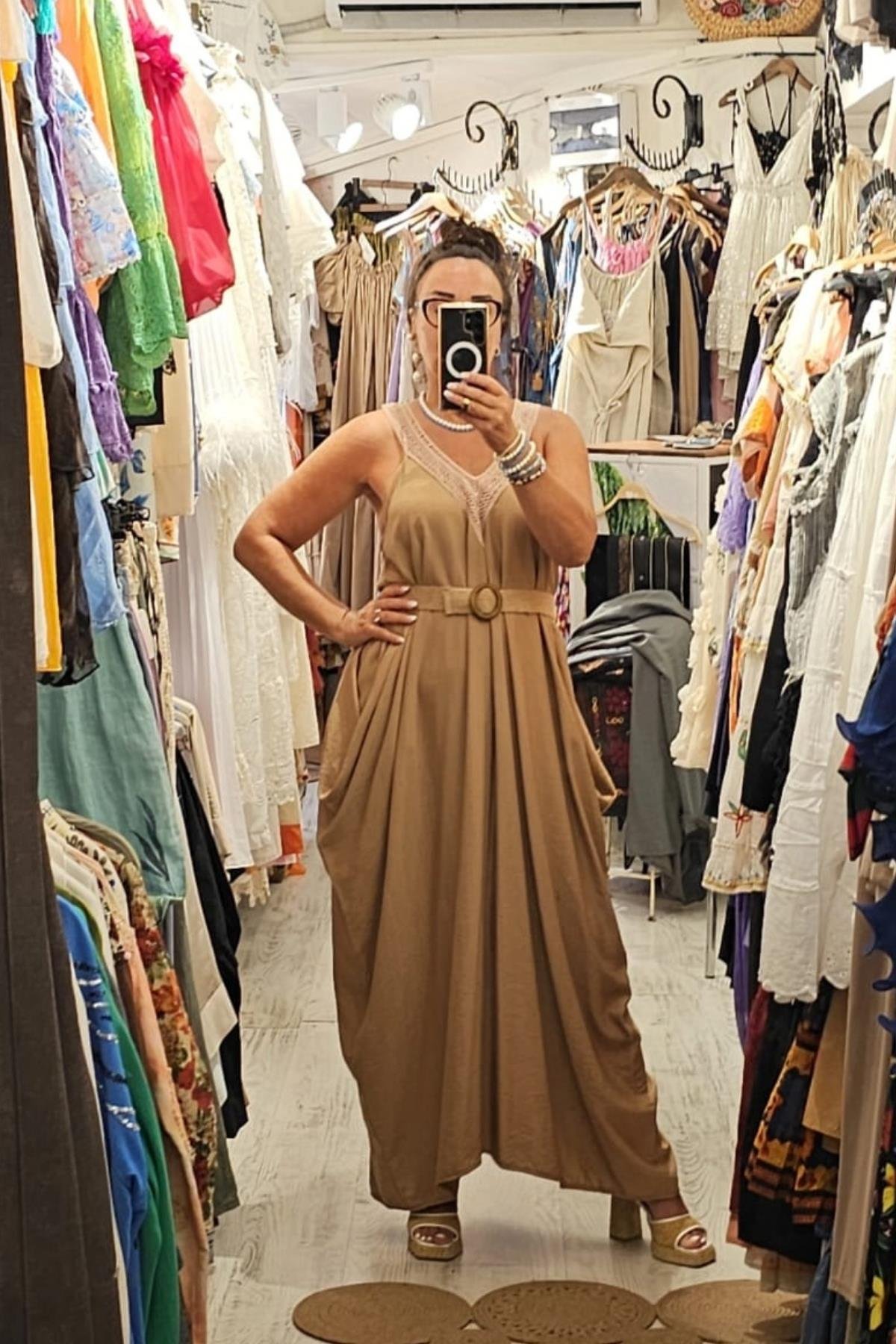 Tensel Kumaş Yarasa Kol V Yaka Elbise Camel