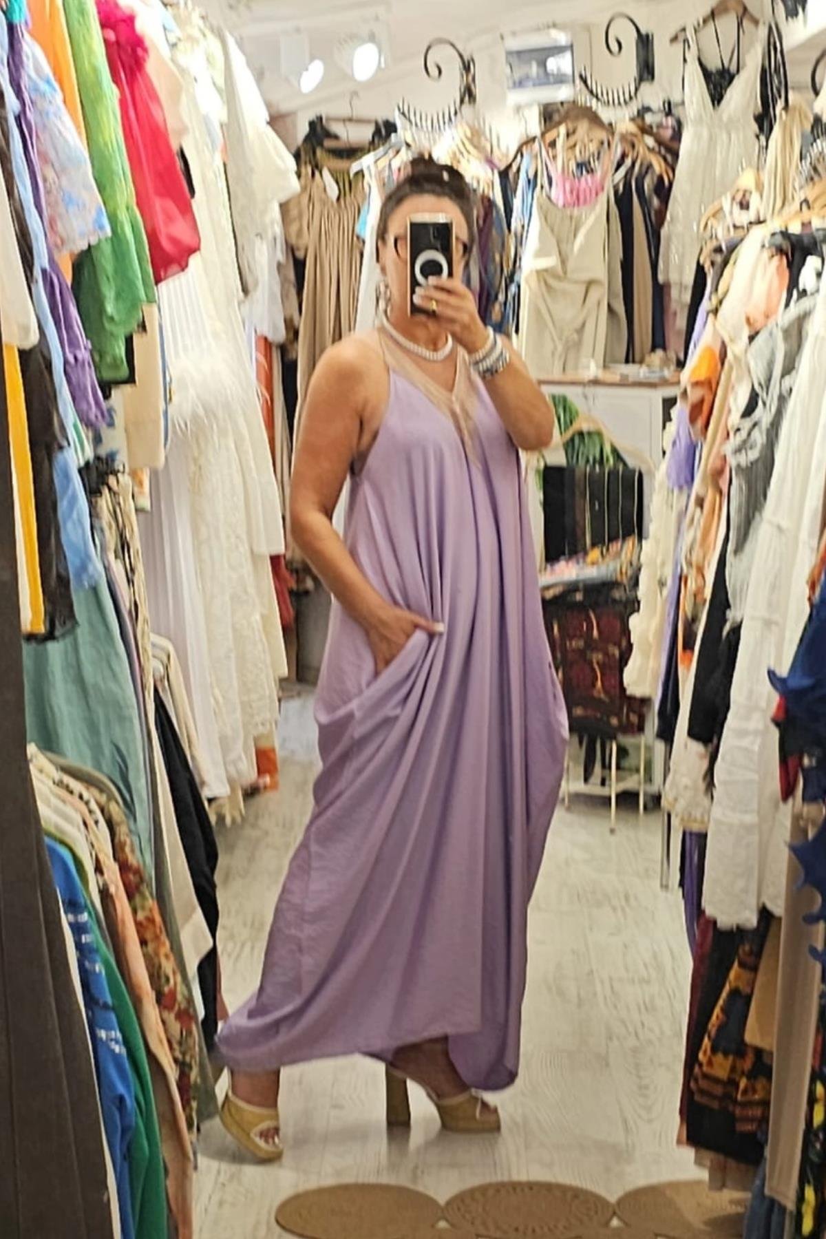 Tensel Kumaş Yarasa Kol V Yaka Elbise Lila