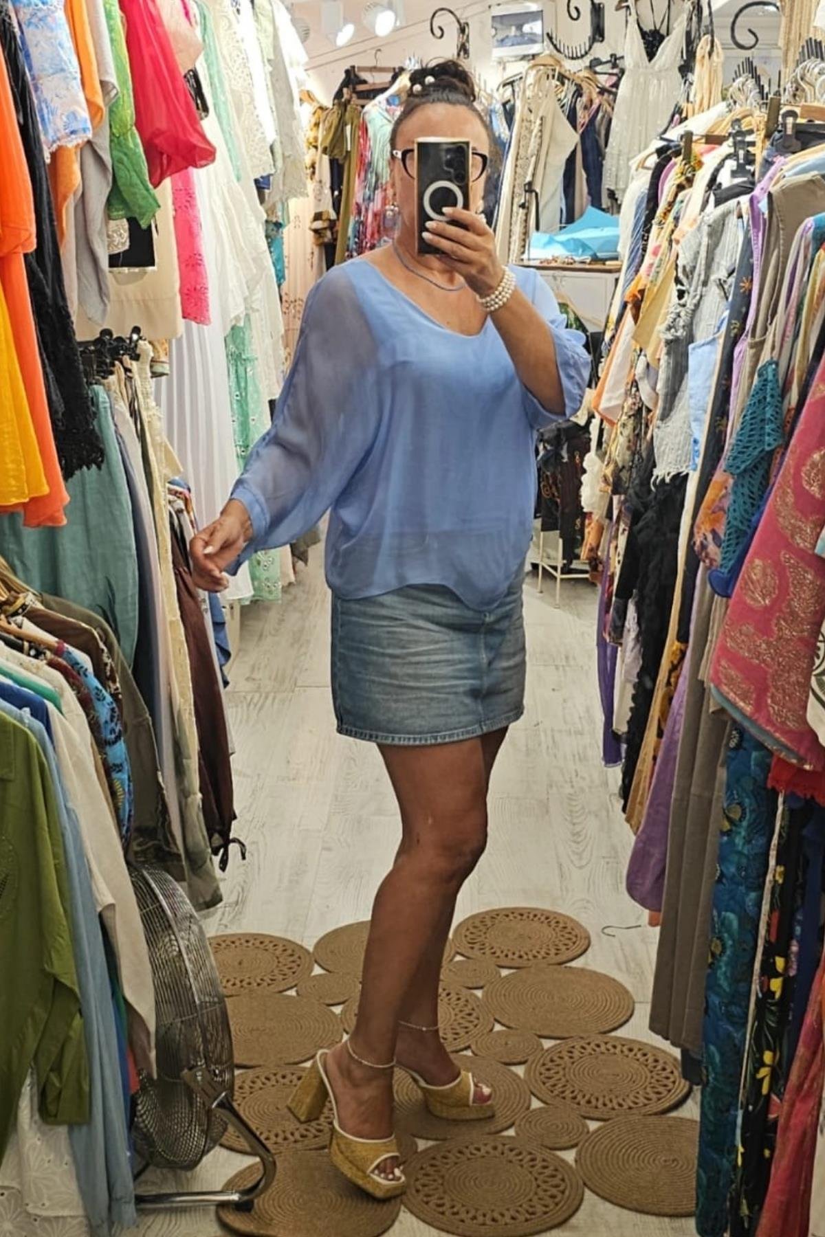 V Yaka İpek Bluz Mavi