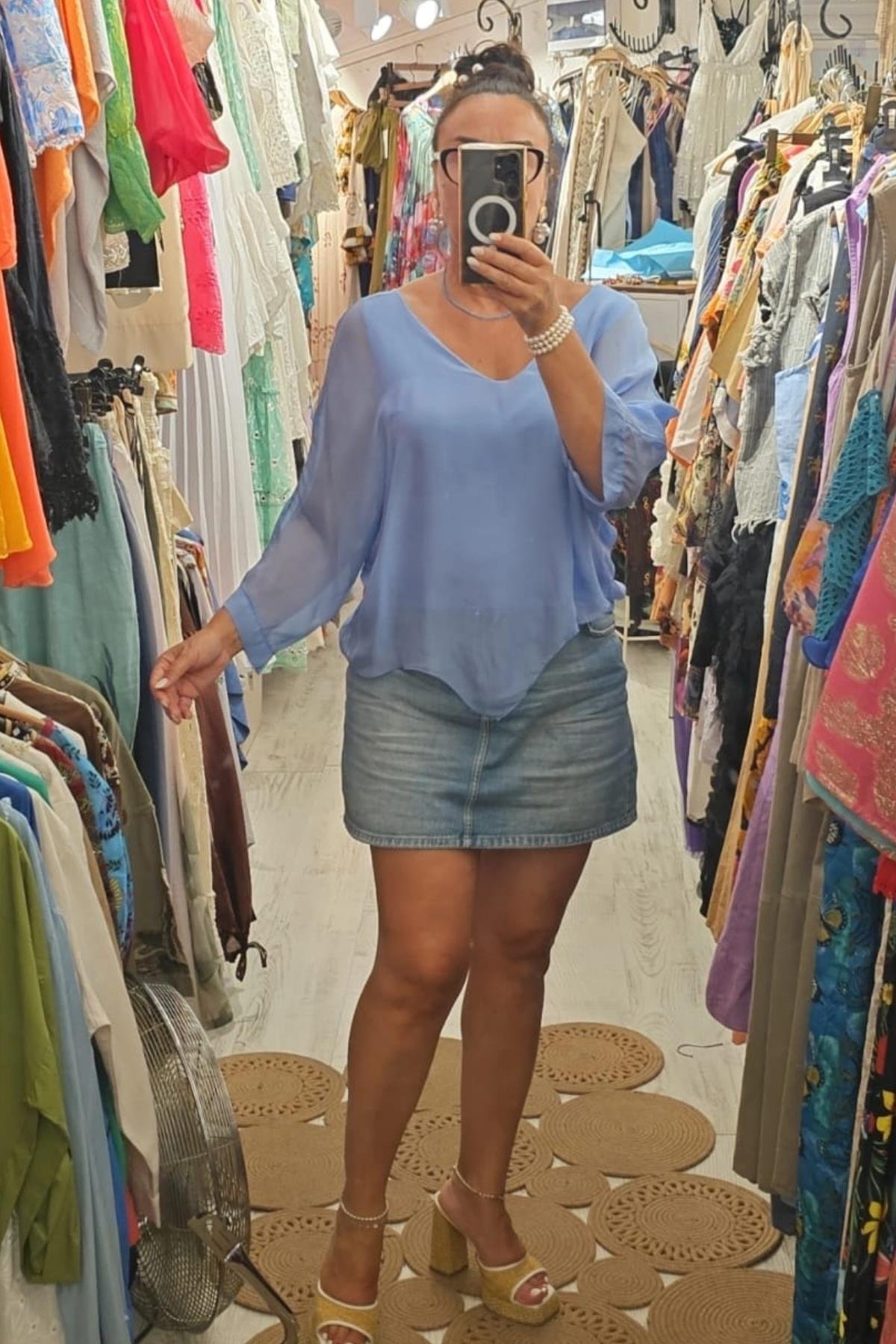 V Yaka İpek Bluz Mavi