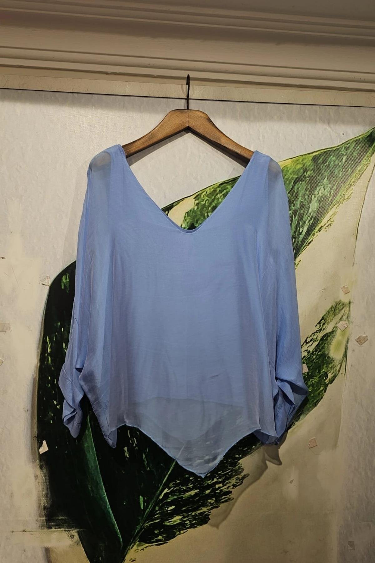 V Yaka İpek Bluz Mavi