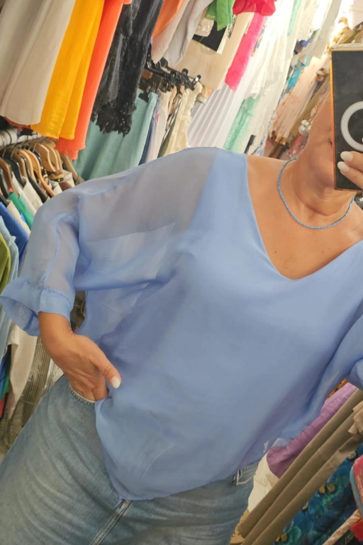 V Yaka İpek Bluz Mavi