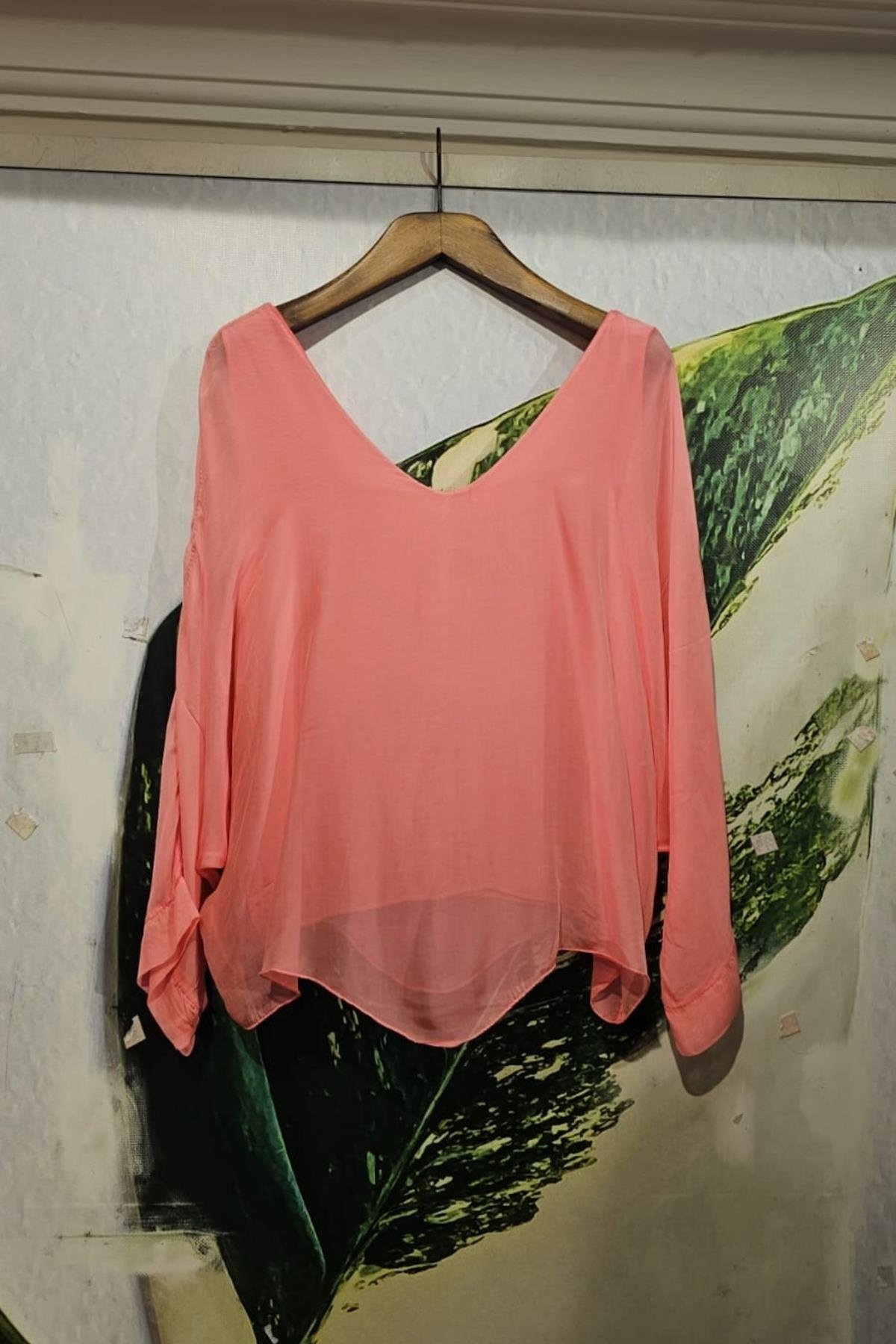 V Yaka İpek Bluz Somon