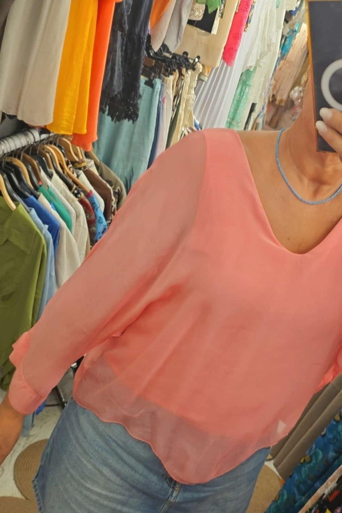 V Yaka İpek Bluz Somon