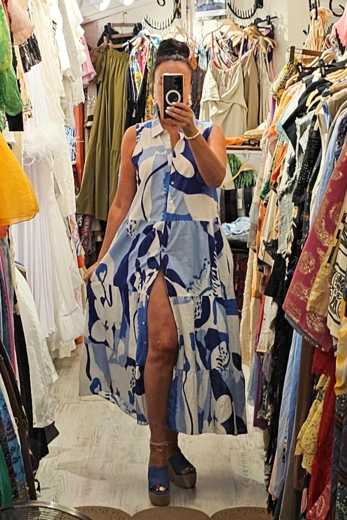 Yandan Cepli Önden Düğmeli Salaş Elbise Renkli