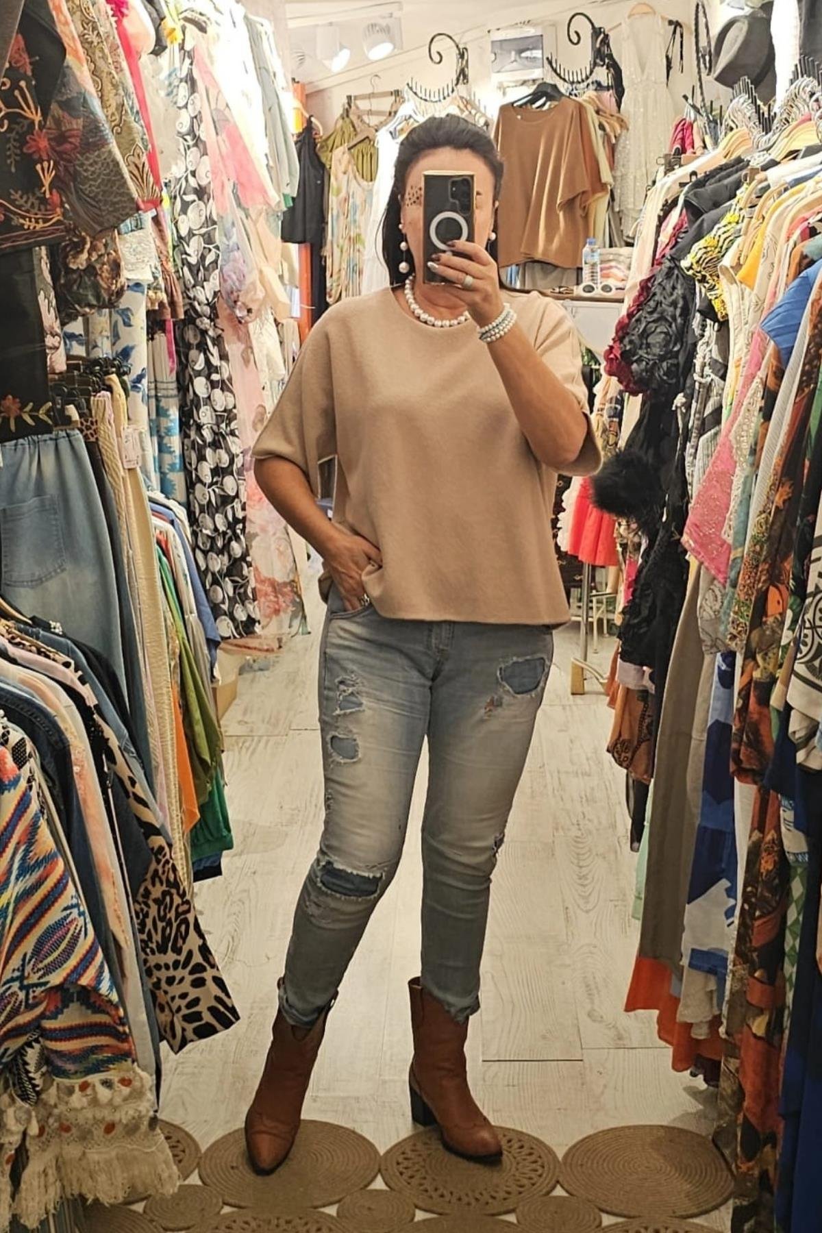 Yuvarlak Yaka Kısa Kol İtalyan Kazak Deve Tüyü Rengi