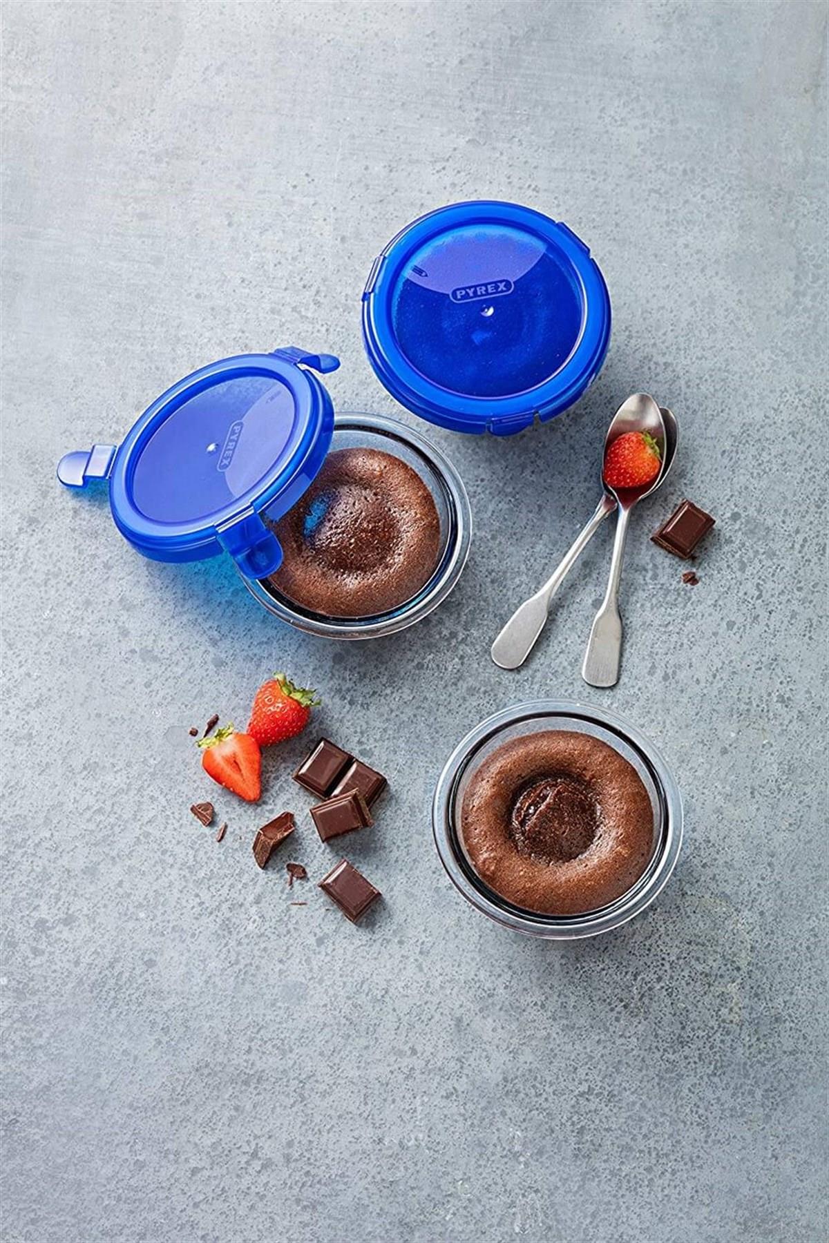 Pyrex Yuvarlak Kapaklı Cam Saklama Kasesi  200 ml Mavi