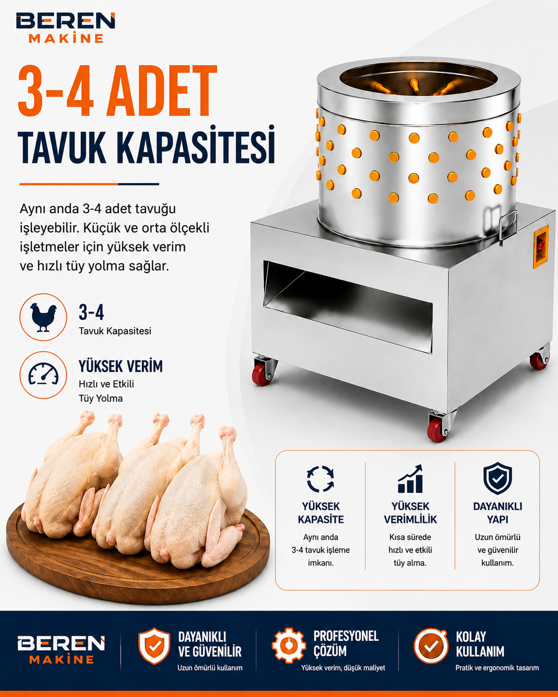 2-3 Tavuk Kapasiteli Tüy Yolma Makinesi – 1500 W Paslanmaz Çelik